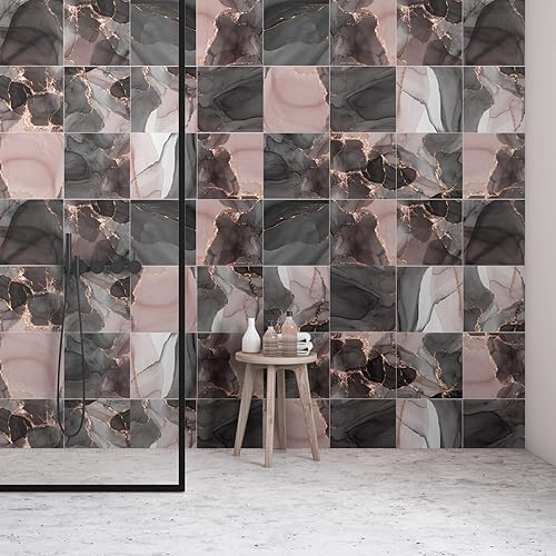 Miniatura 3 de LAUMOE Pegatinas elegantes para azulejos de mármol negro y rosa, papel tapiz impermeable de vinilo autoadhesivo para pared, azulejos a prueba de
