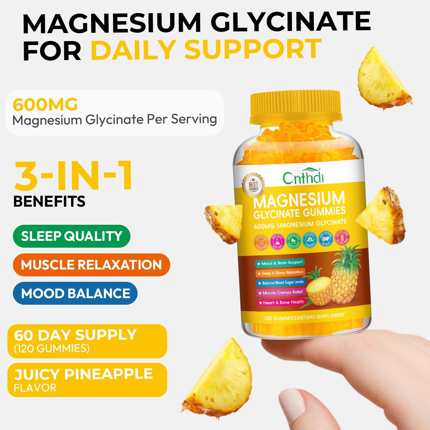 Magnesium Glycinate Gummies 600mg, Sugar Free Chewable Magnesium Gummies for Men & Women, Supports Evening Routine & Inner Balance, No Melatonin, Gluten Free, Non GMO, Vegan, 60 Days Supply - Image 7