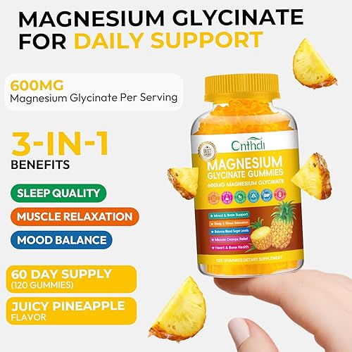 Miniatura 7 de Gomitas de glicinato de magnesio de 600 mg, gomitas de magnesio masticables sin azúcar para hombres y mujeres, apoya la rutina nocturna y el