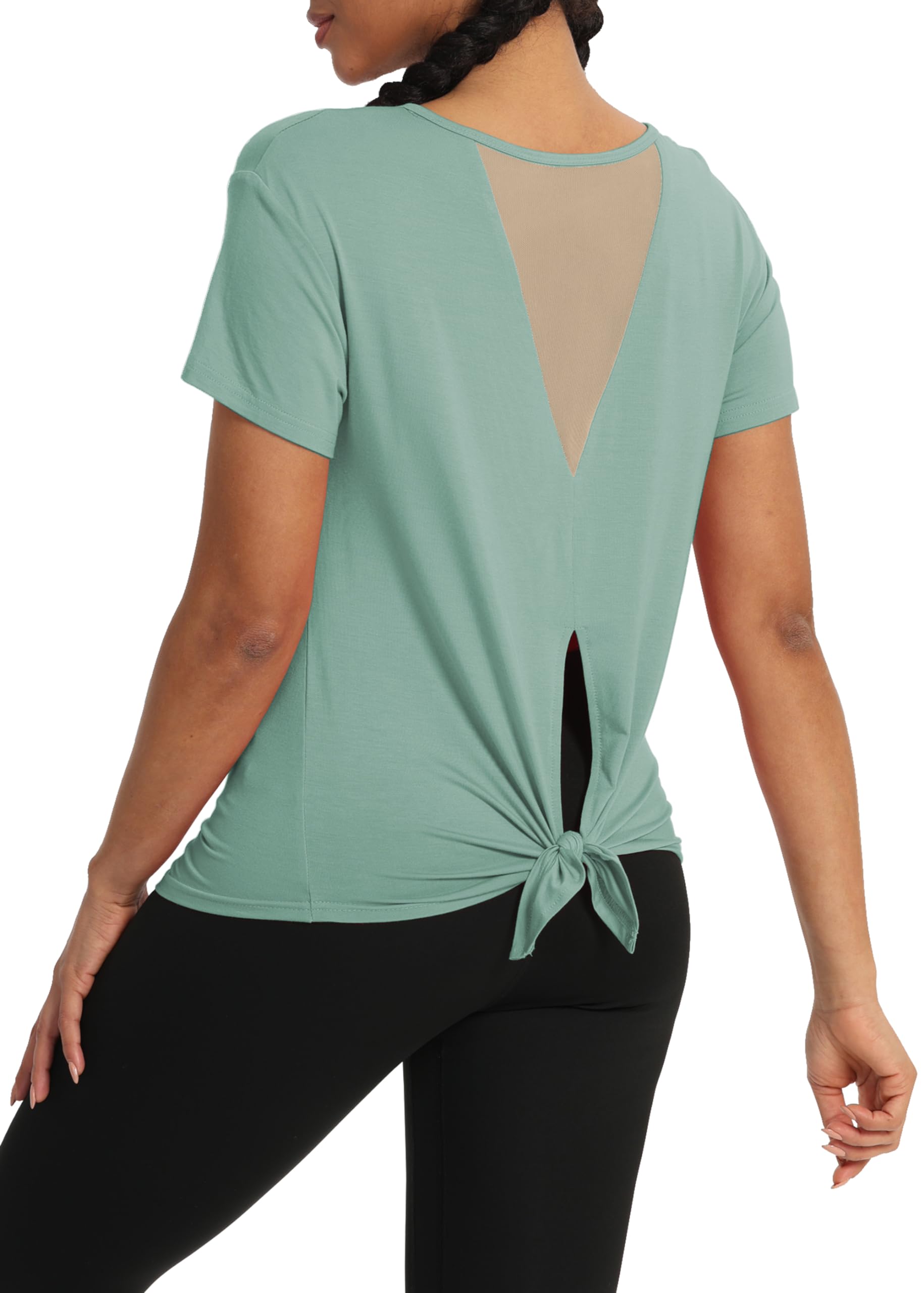 Bestisun Women Short Sleeve Workout Athletic Shirts Tie Back Sports Gym Tops Mesh Yoga Clothes