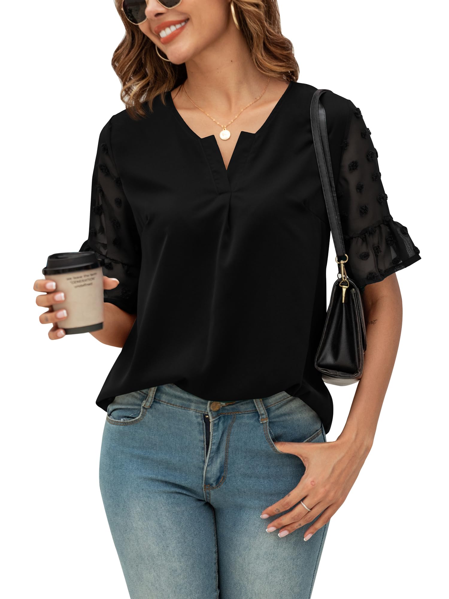 Photo 1 of (2XXL)
Women Short Sleeve Shirts V Neck Chiffon Blouses Summer Tops Dressy Casual Small Black