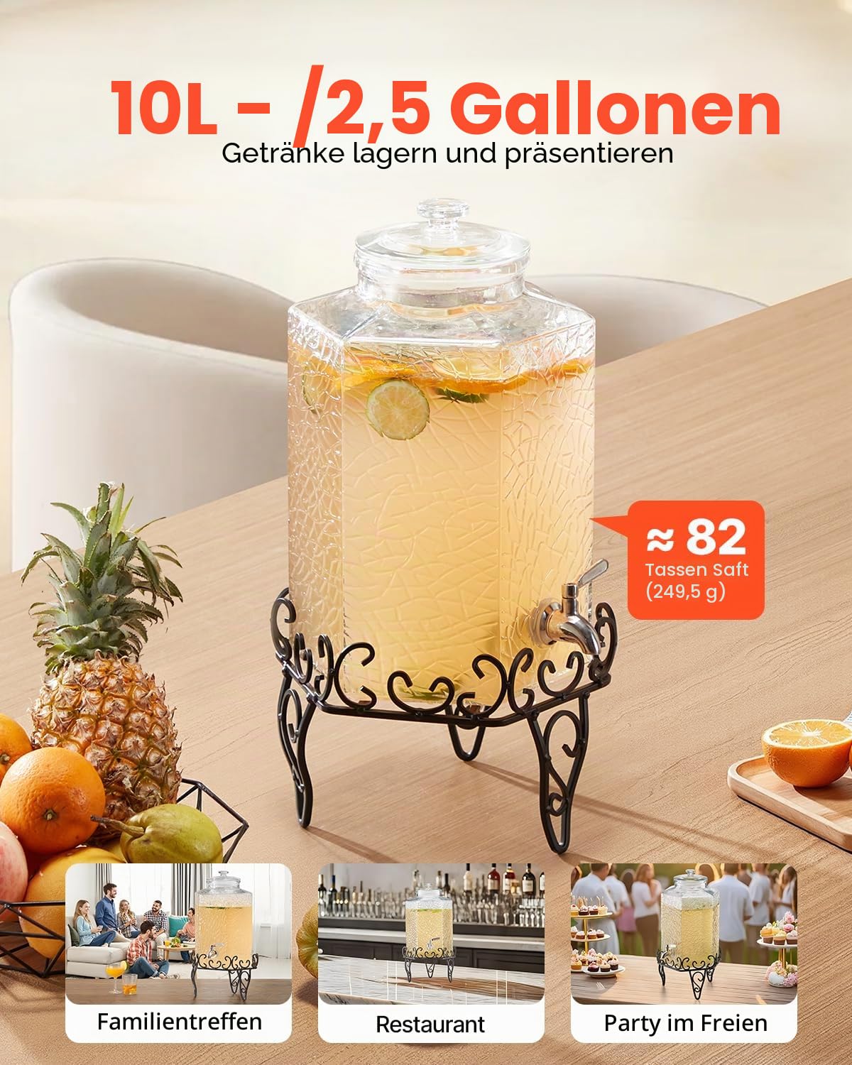 VEVOR Getränkespender (1 x 10 L) für Partys Saftspender (aus Glas) mit tropfsicherem Zapfhahn & Metallständer Wasserspender für Restaurants Partys, Limonade Eistee selbstgemachte Getränke Spender