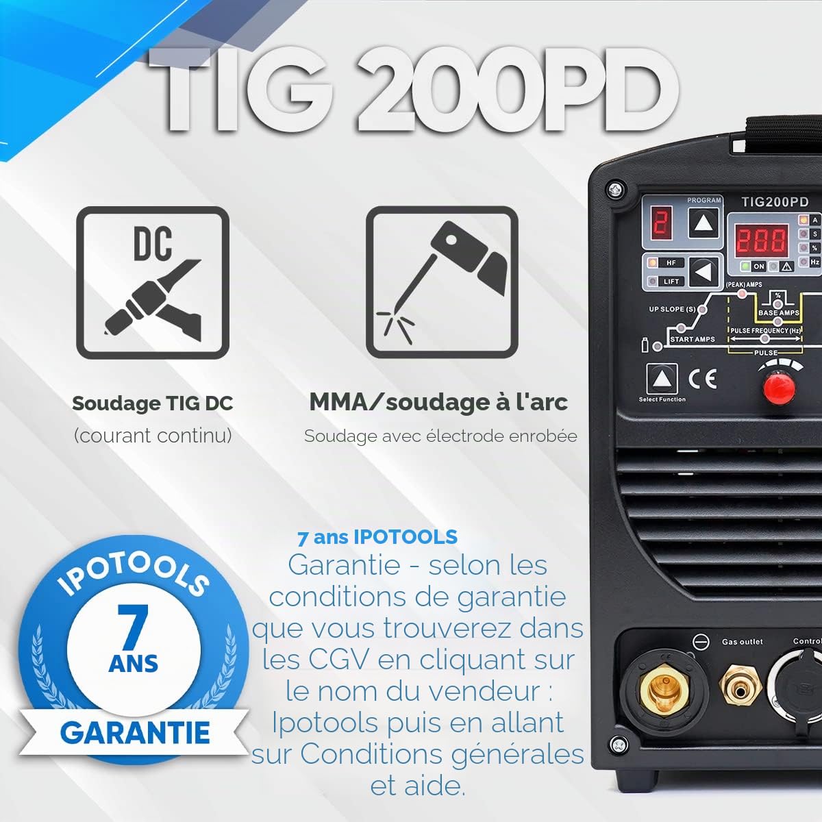 IPOTOOLS TIG-200PD poste a souder TIG - Poste à souder TIG avec 200A 230V IGBT, 3 en 1 Poste TIG, MMA électrodes, Poste de Soudage Portable, garantie de 7 ans