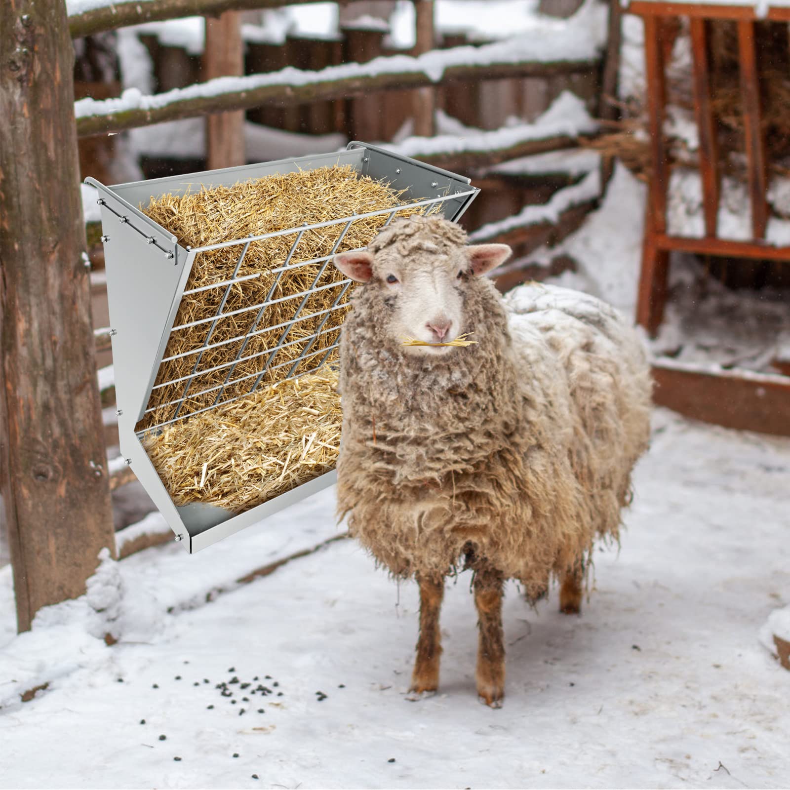 Wall Mount Hay Rack, Heavy-Duty Galvanized Metal 2 in 1 Hay and Grain Feeder, Livestock Feeder with Adjustable Distance, Hay Feeder for Goats, Sheep, Horse - image 8