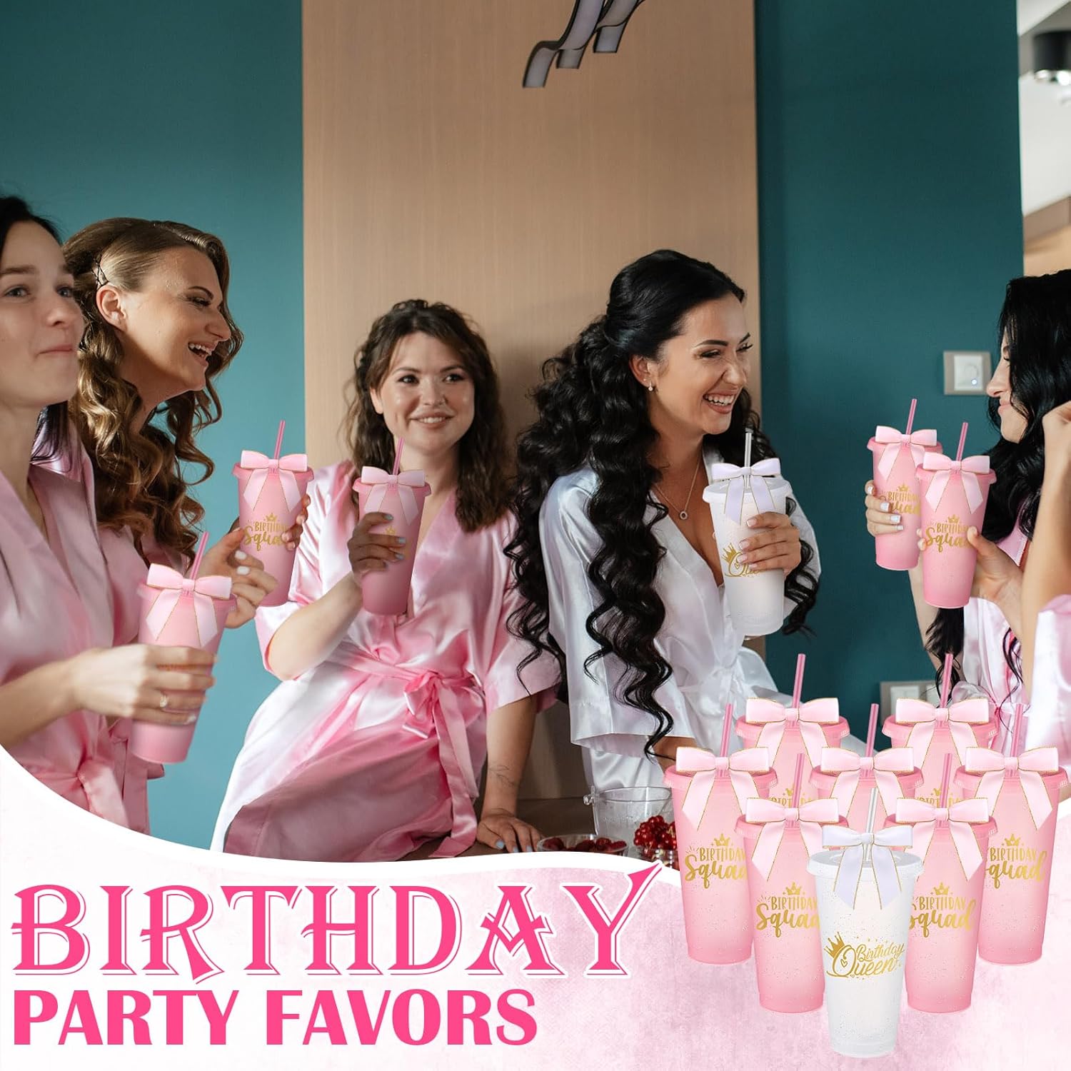 8 Set Birthday Party Glitter Tumblers 24 oz Birthday Squad Queen Plastic Tumblers with Lid Straw and Twist Bow for Squad Party Favor Decorations for Women (White,Pink) - Image 6