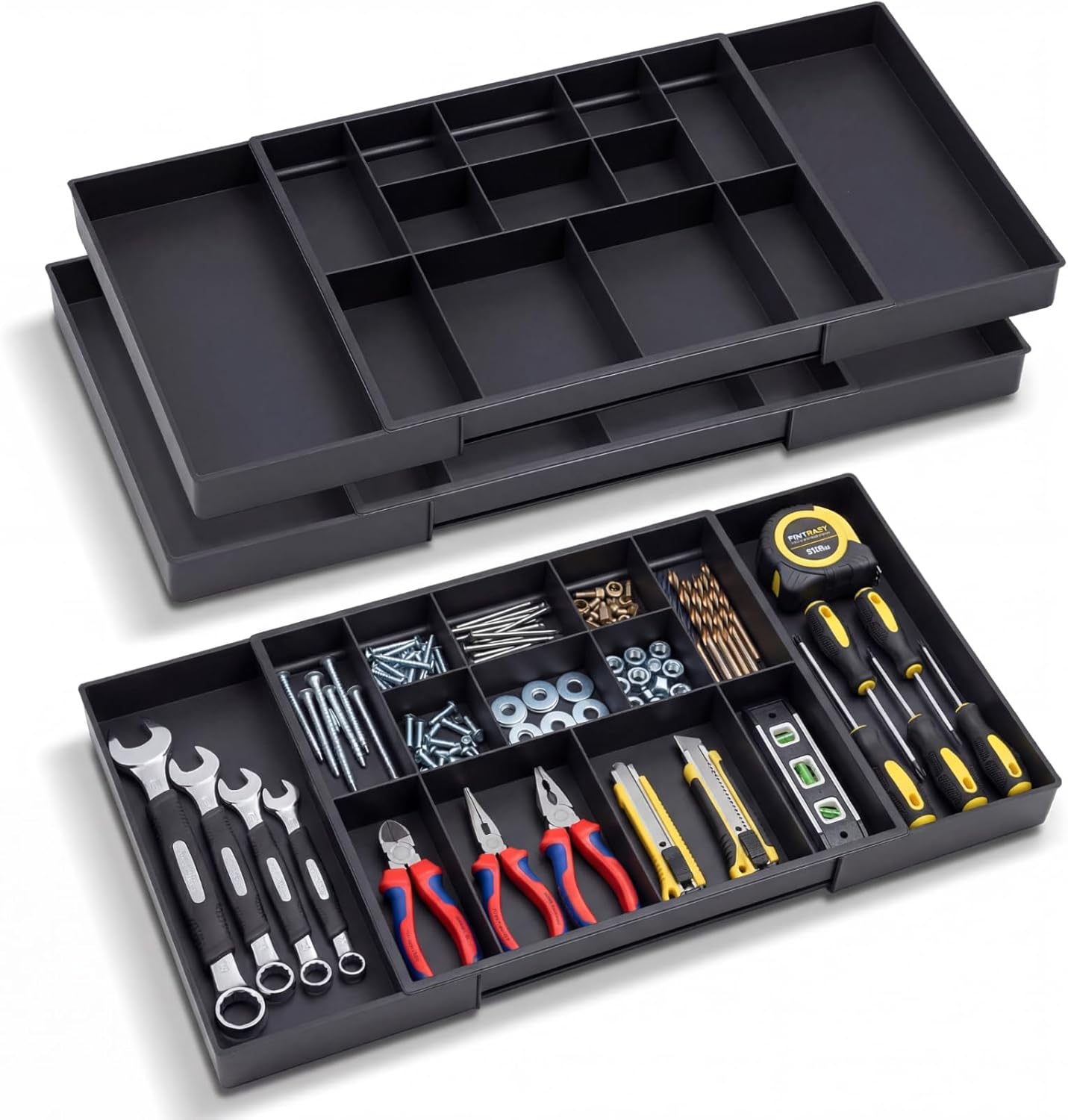 2 Pack Tool Box Organizer Tray Divider, Expandable Desk Drawer Organizer with 12+2 Compartments, 12-20.5 Inch Large Toolbox Storage Tray, Toolbox for Rolling Tool Chest Cart Workbench