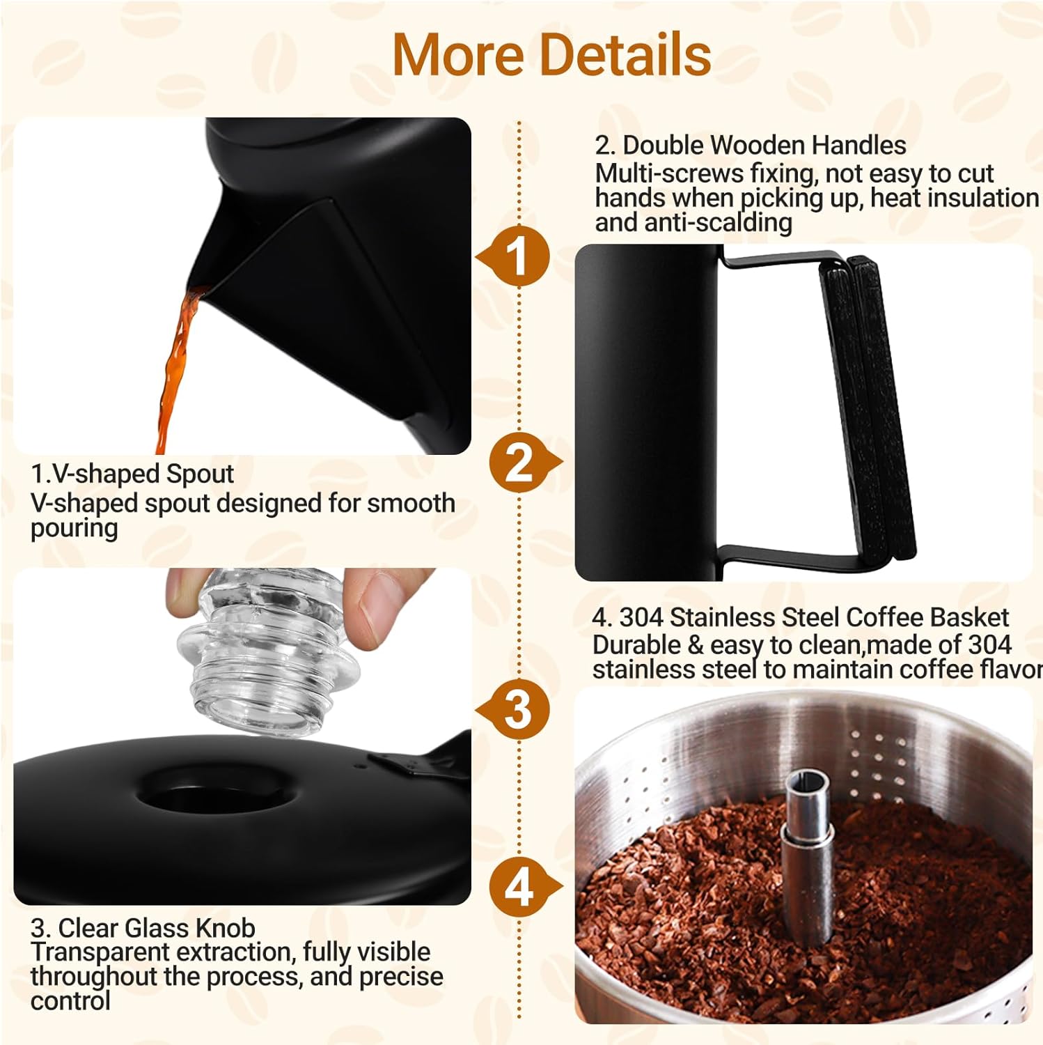 No Coating 6 Cup Percolator Coffee Pot 304 Stainless Steel Moka Pot Stovetop Espresso Maker Italian Greca Cuban Machine 1000ml 33.8oz Suitable for Gas Induction Stovetop Camping Kettle