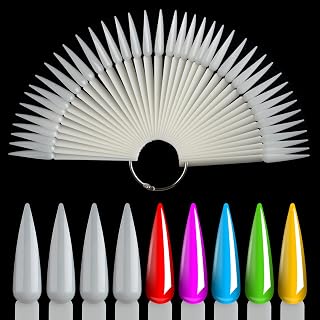 NMKL38 80pcs Stiletto Nail Color Sticks, Fan-shaped Nail Art False Tips Color Card, Gel Nail Polish Display Board, Detachable Practice Sticks Wheel with Ring Holder (Natural)