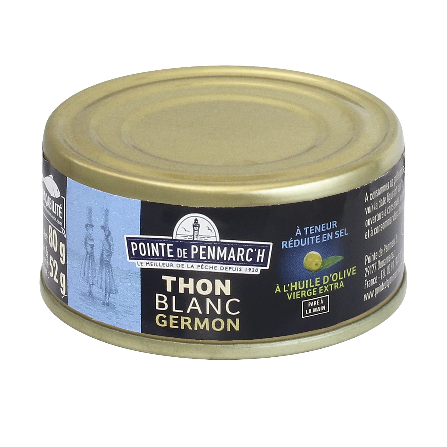 Thon blanc germon à l'huile d'olive à teneur réduite en sel Pointe de Penmarc'h le lot de 6 boîtes de 80 g - Livraison en 2 à 3 jours ouvrés depuis la Bretagne