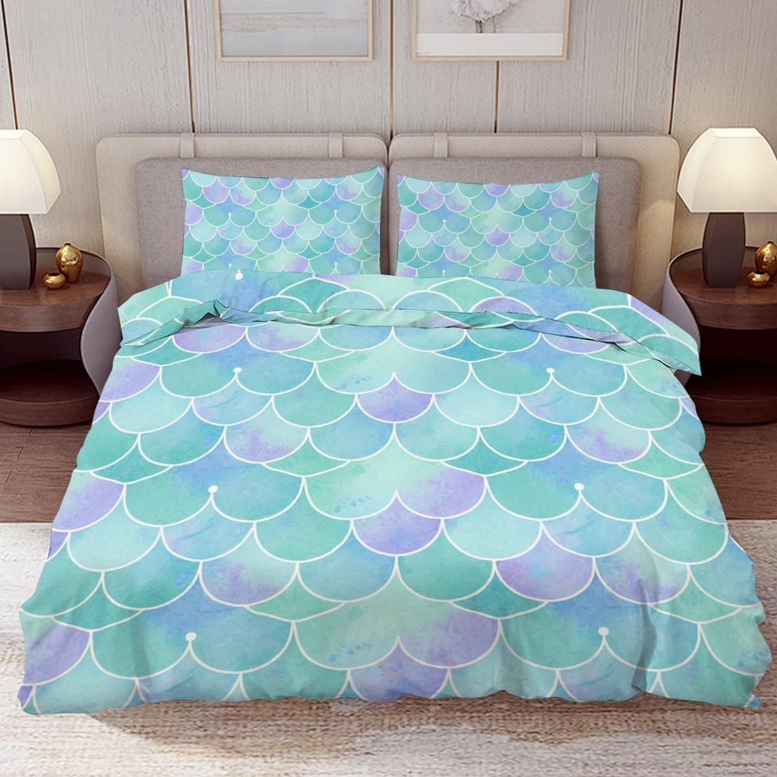 Delerain Comforter Cover Set Queen Size, Mermaid Fish Scale 3-Piece Bedding Set for Women Men Modern Soft Microfiber Bedroom Set Room Decor, 1 Duvet Cover + 2 Pillowcases