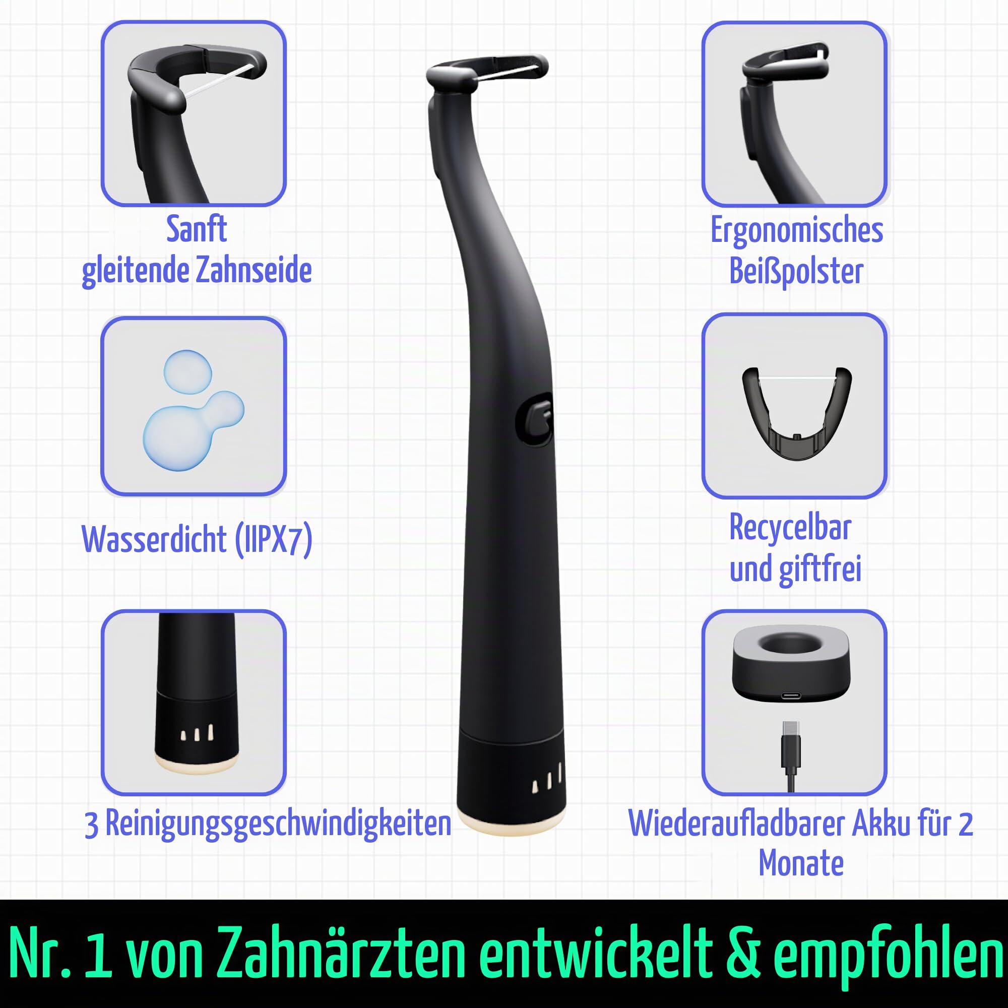 FLAUS Elektrische Zahnseide (sanftes Gleiten) – Hai-Tank + Oprah's Liste – Alternative zu Wasserseide – Zahnbelagentferner für Erwachsene – einfache Vibrationskraft Zahnseide – sicheres tragbares