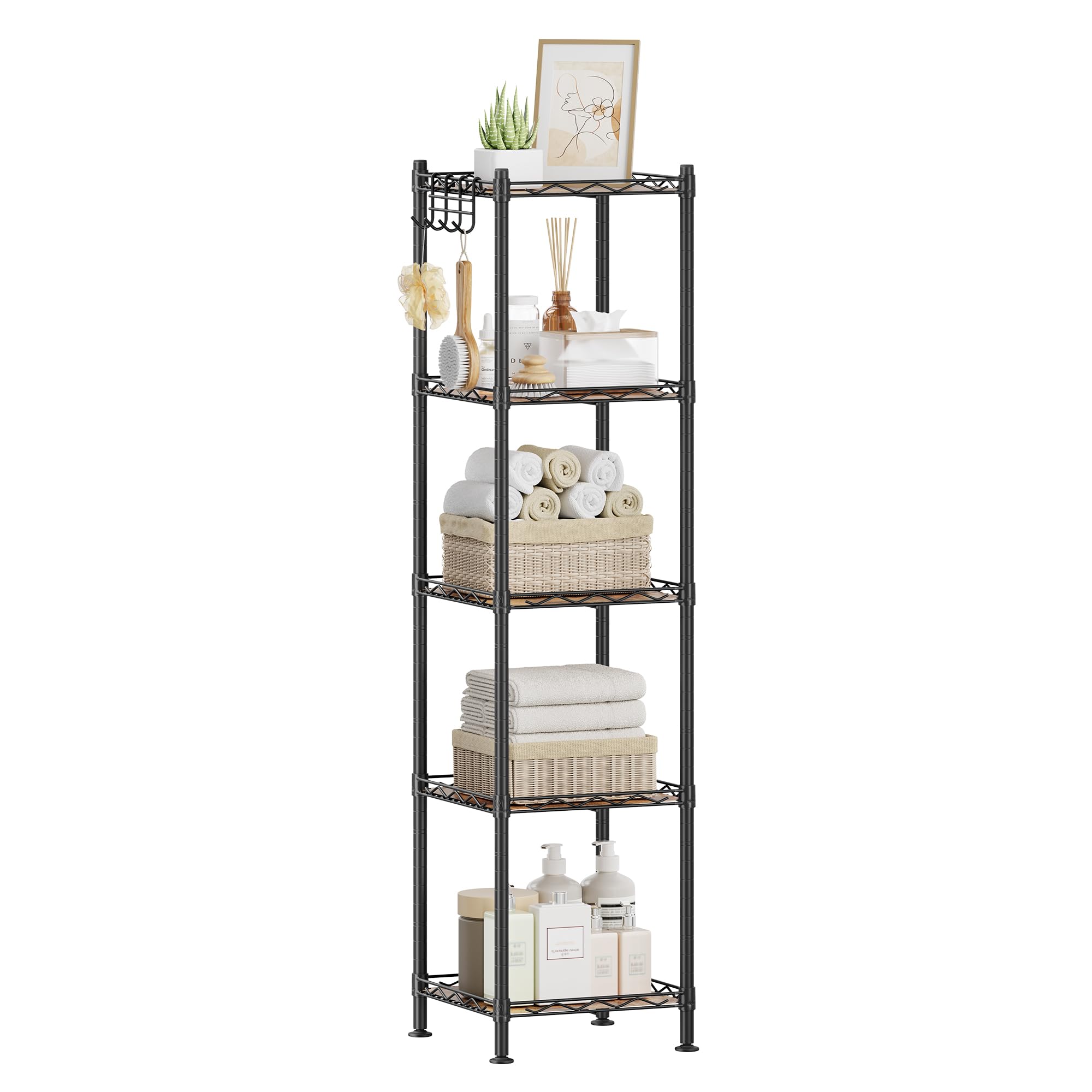 SONGMICS 5-Tier Bathroom Shelf, Storage Rack for Small Space, with 5 PP Shelf Liners, Removable Hook, Extendable Design, Ink Black and Rustic Brown