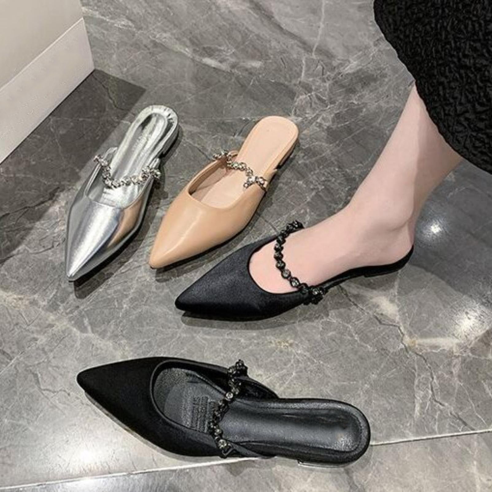 Genérico Mujer Punta Puntiaguda Sandalias Mule Planas con Diamantes