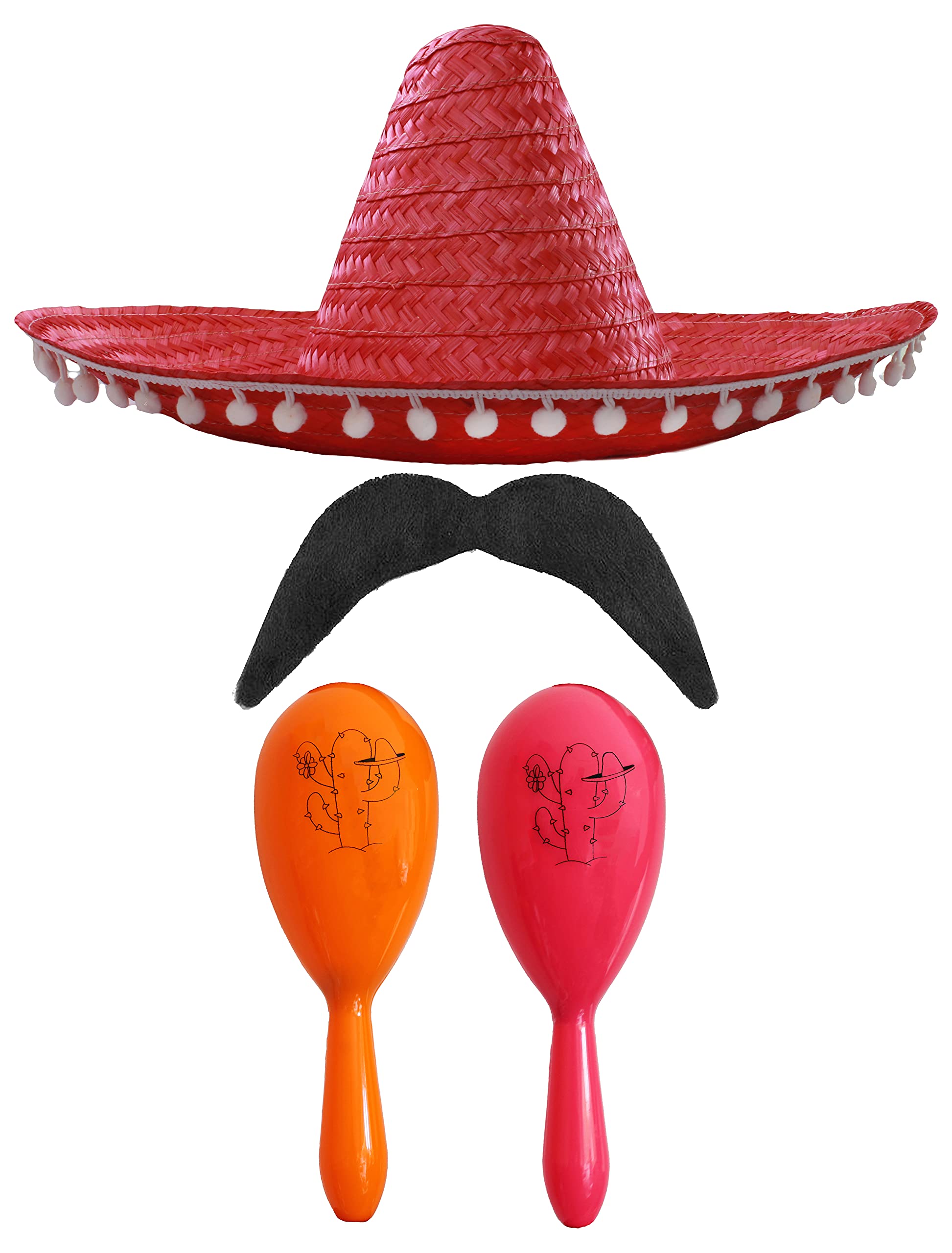 Adults Mexican Accessory Set - Natural Mexican Sombrero, Orange & Pink Maracas, Moustache - Mexican Cinco de Mayo Sensorita Bandit Mariachi Fancy Dress Costume Accessory Set