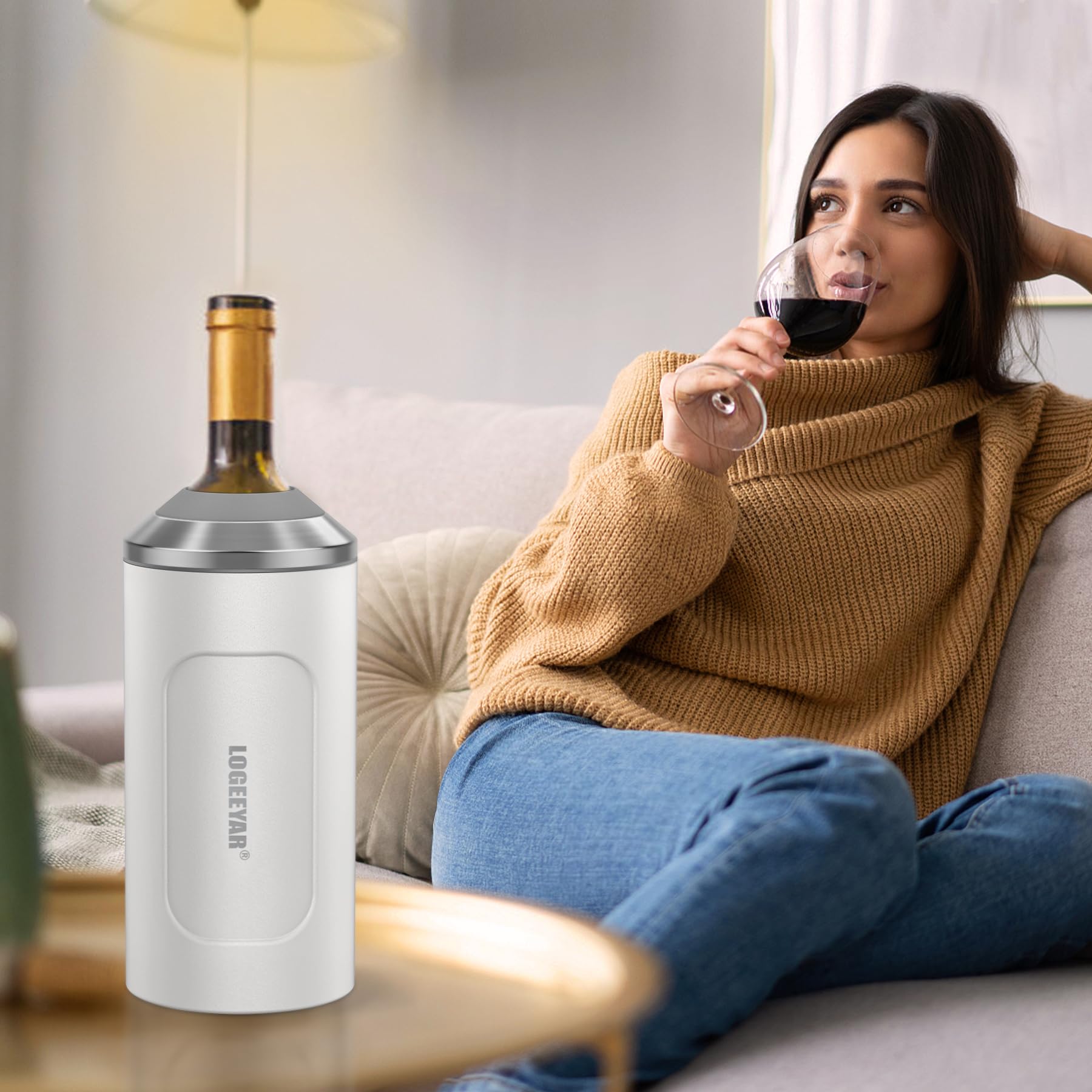 Rafraîchisseur de Bouteille de Vin et Champagne avec Couvercle, Portable 750ml Refroidisseur à Vin en Acier Inoxydable, Cadeaux pour les Amateurs de Vin (Blanc)