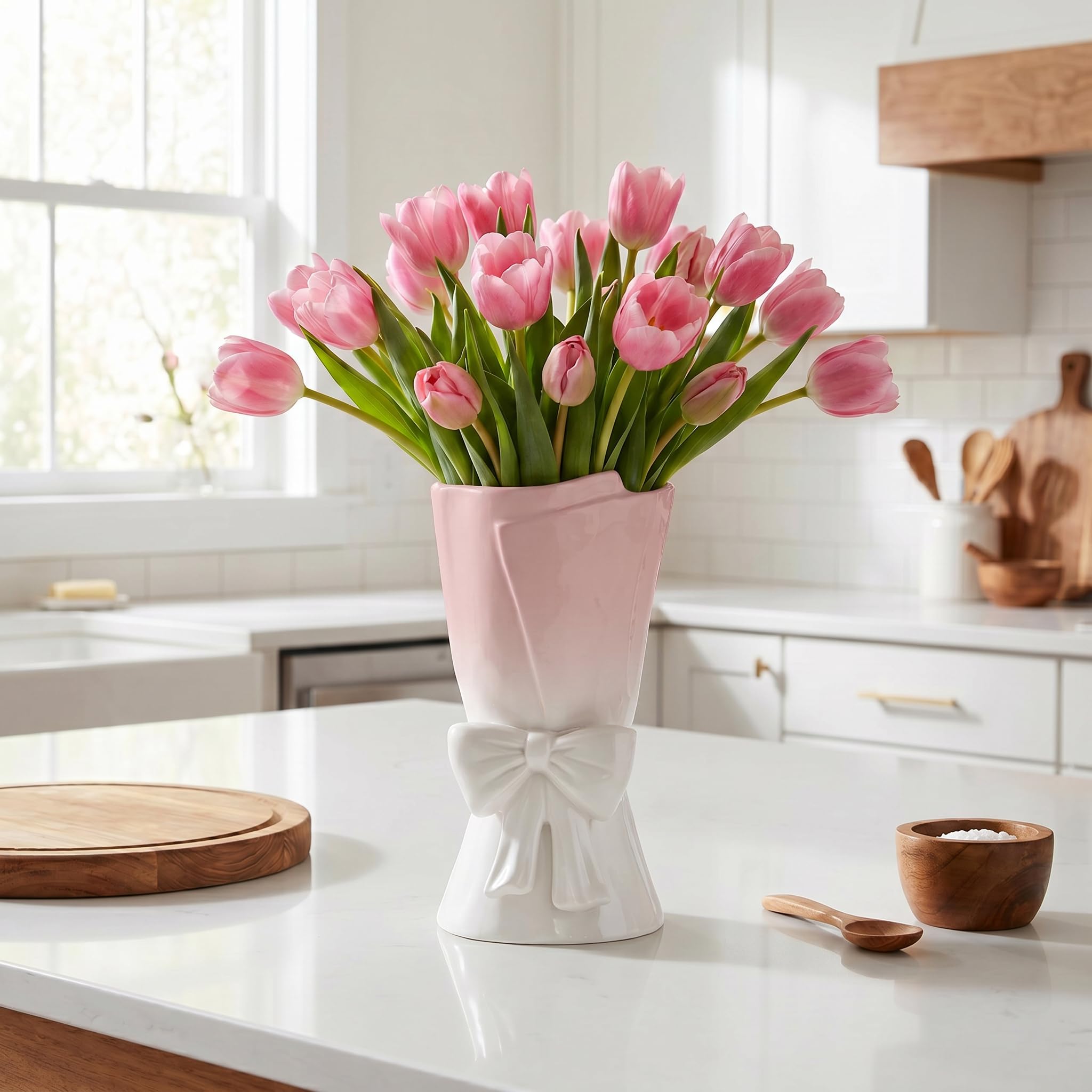 Relexome Różowo-biały ceramiczny wazon z kokardą 24,5 cm unikalny uroczy nowoczesny dekoracyjny bukiet wazony na kwiaty do domu salonu dekoracja stołu kobiety dziewczyny prezenty