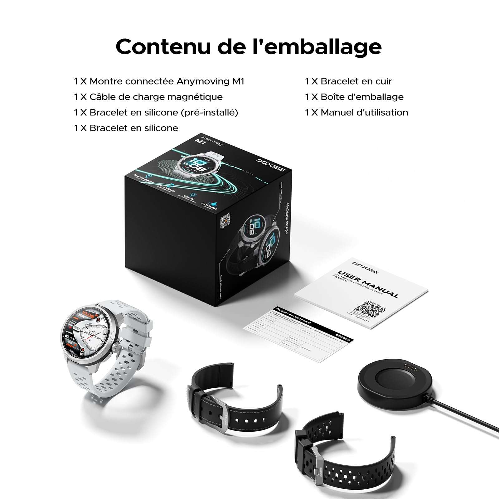 Anymoving M1 Montre Connectée Homme et Femme avec IA, GPS Double Bande 5ATM et IP68, Écran AMOLED Éclatant 1,5", Autonomie 20 Jours, 170+ Modes Sportifs Montre Sport Homme, 3 Bracelets