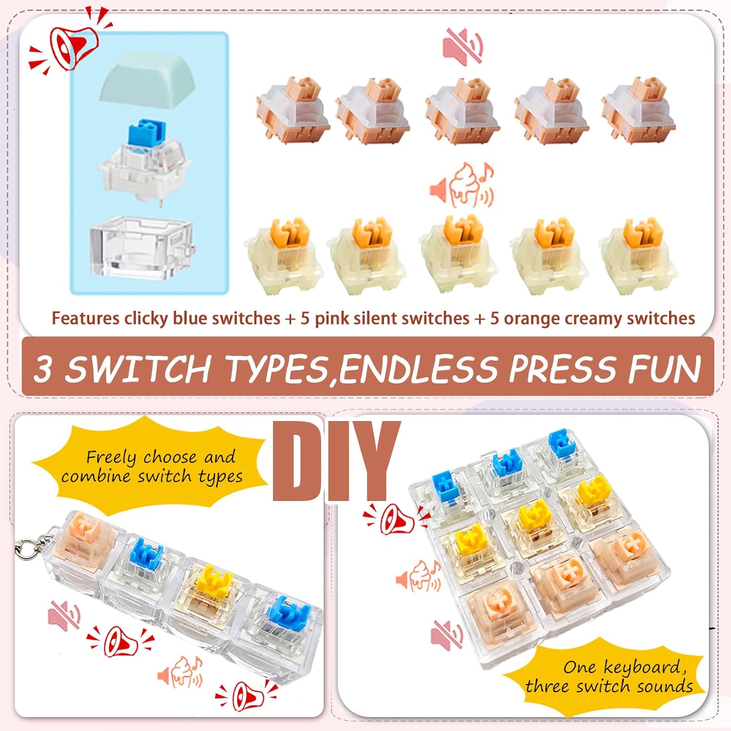 6-Pack Keyboard Fidget Toy with Clicky/Creamy/Silent Switches & 75 Removable Keycaps—Stress Relief Keyboard Clicker Keychain in Gift Box—Calms Anxiety for Adults Office Travel School Home