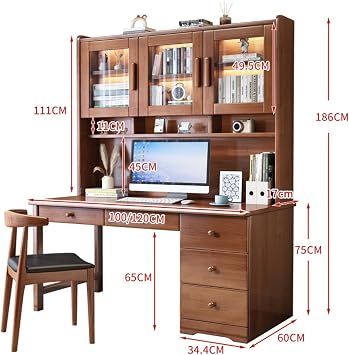 Study Table with Hutch, Modern Home Office Desk with Drawers & Glass Door Study Writing Desk Workstation for Small Space(120x60x186cm, White)