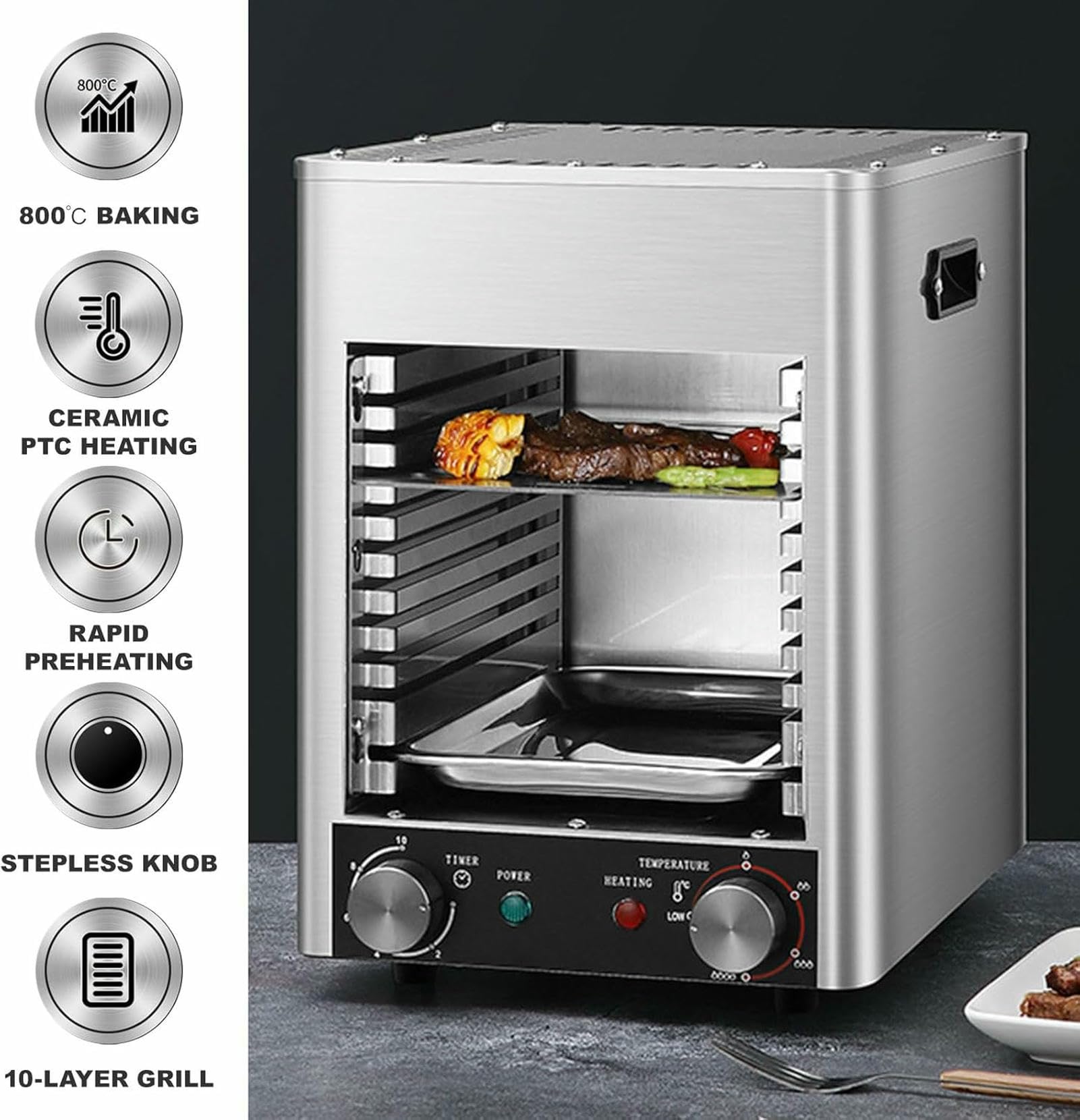 Komercyjny Blat 1700 W, Elektryczny Grill Stekowy, 800 ℃ Regulowana Temperatura - 5 -Minutowe Podgrzewanie - 10 Minut Czasu
