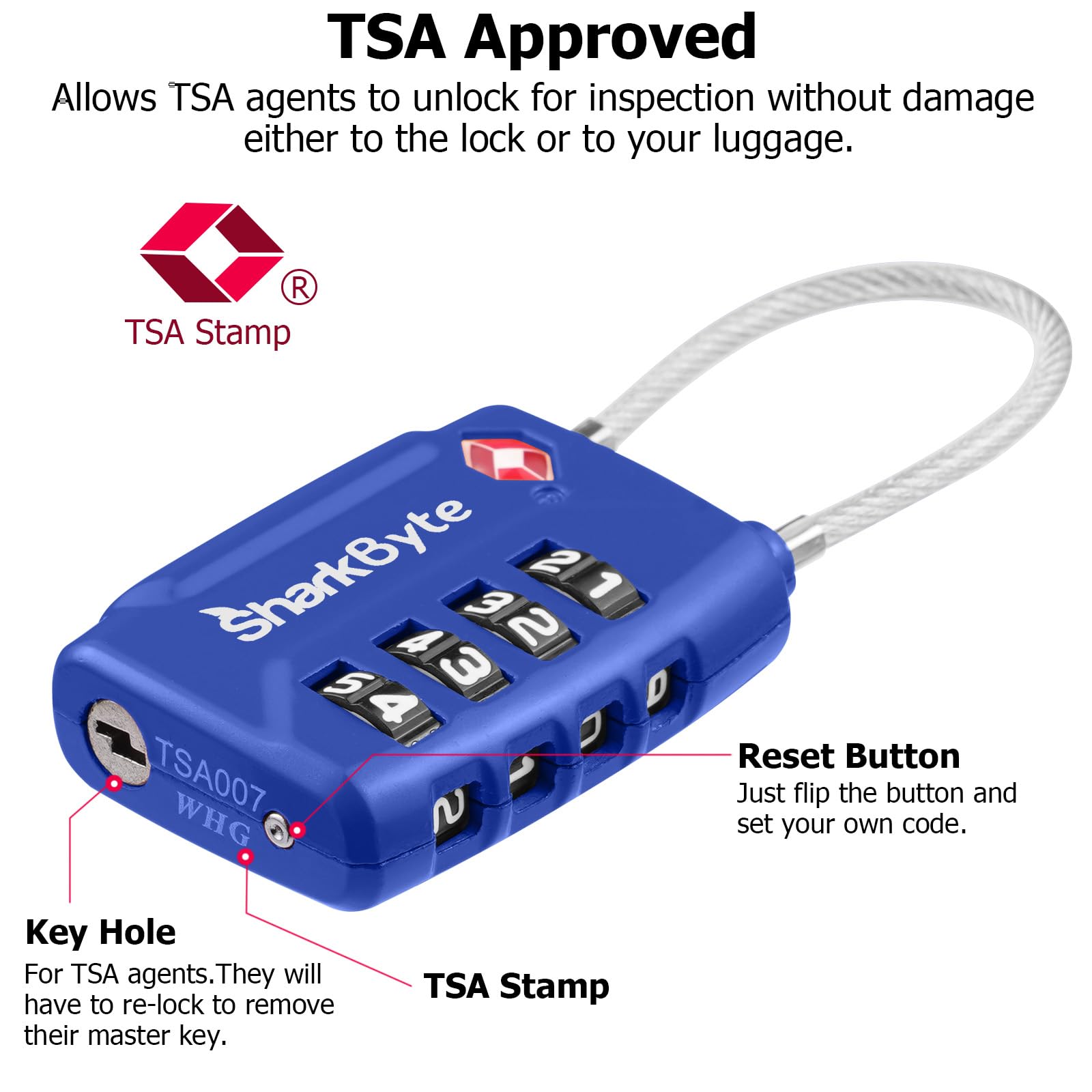 SharkByte Candados de maleta aprobados por la TSA, candado de combinación de seguridad de 4 esferas, candado de viaje de alambre flexible para maletas, cerraduras de equipaje, bolsa de viaje, gimnasio