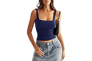 Womens Square Neck Double Lined Tank Tops Low Back Fitted Sleeveless Navy Blue Tops
