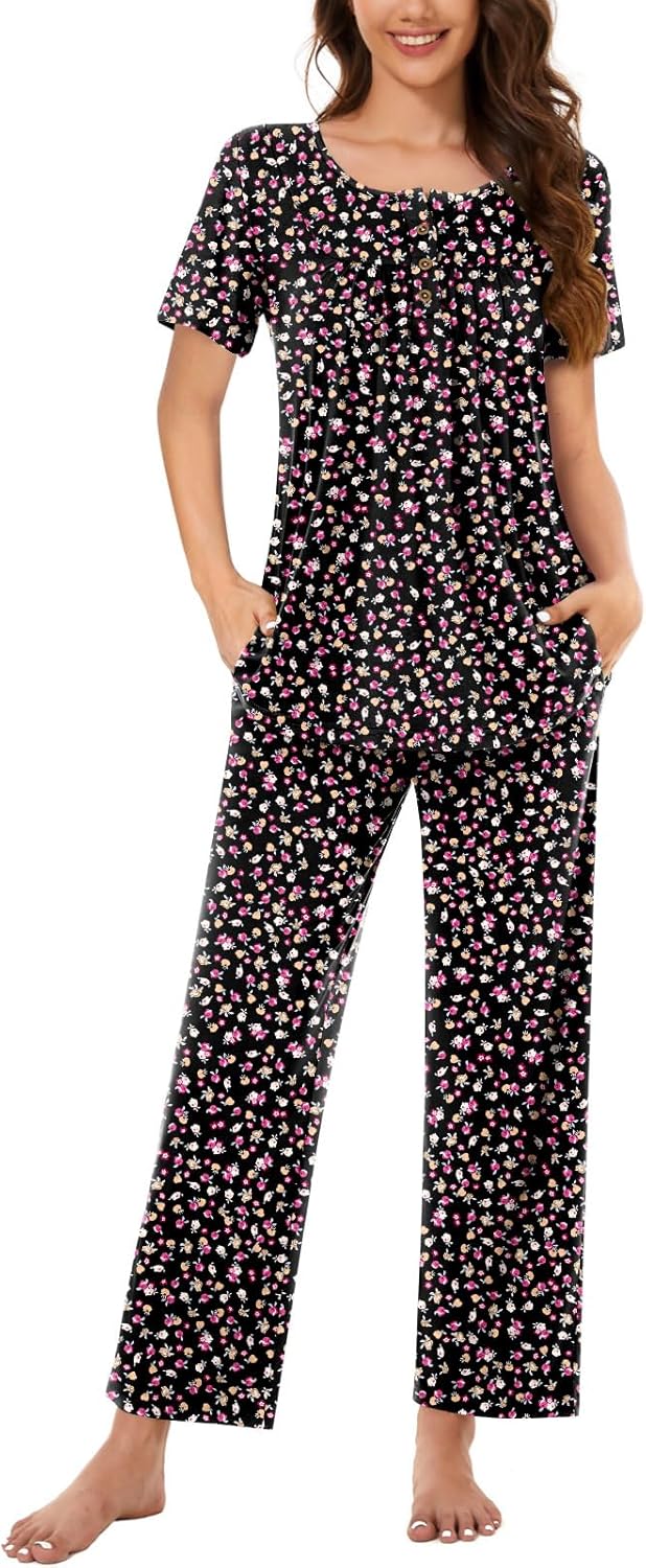Bestbee Women's Pajama Sets 2 Piece Summer Sleepwear Lounge Outfits Short Sleeve Long Pants With Pockets Ladies Pjs