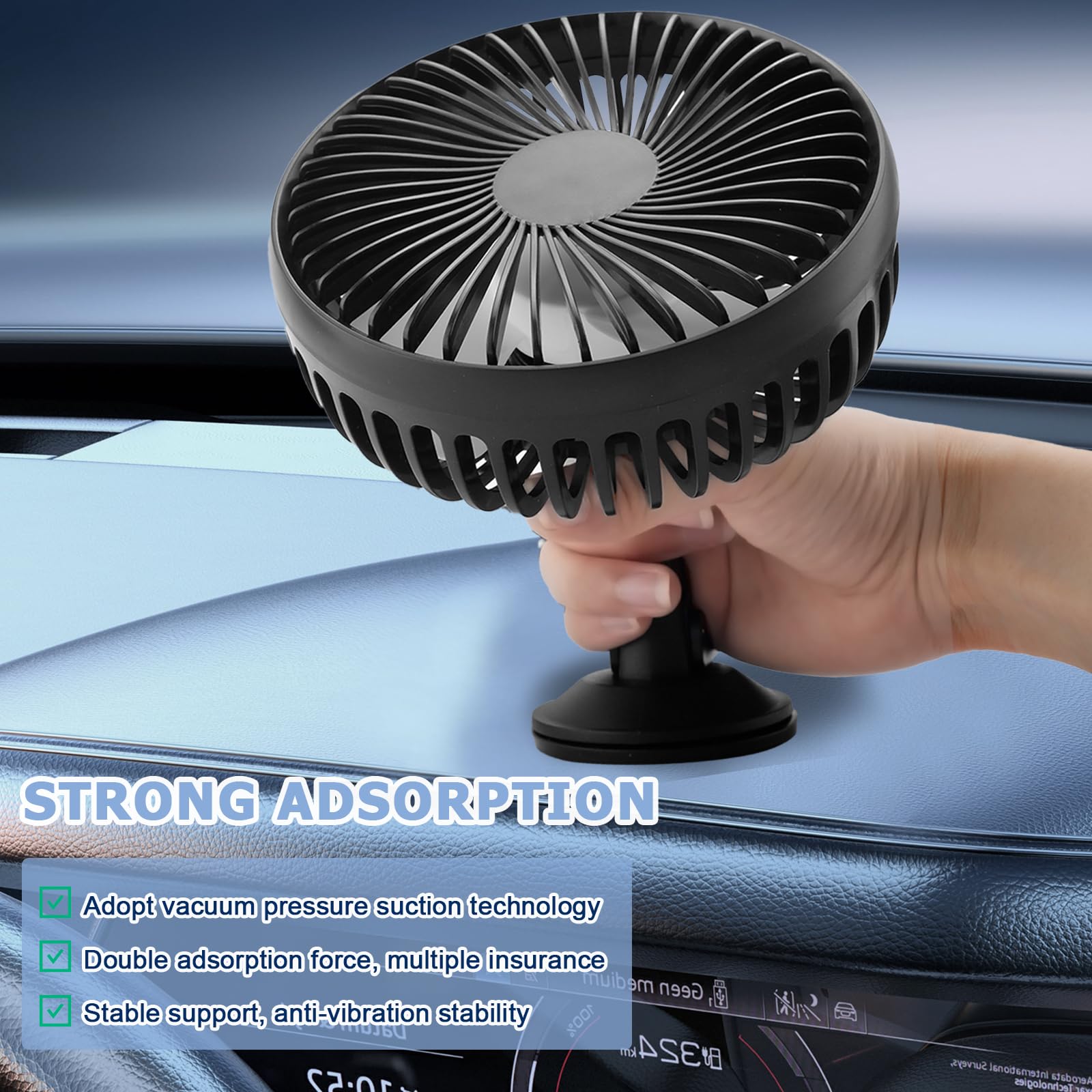 Ventilateur de voiture 12 V/24 V USB, rotation à 360 °, avec ventouse puissante, pour tableau de bord et pare-brise, 3 vitesses, ventilateur silencieux avec moteur en cuivre pur pour voiture, camion