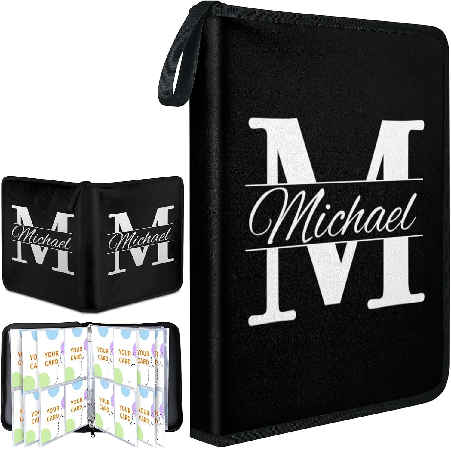 Custom Name PU Leather Zipper Card Binder, 4‑Pocket, Black