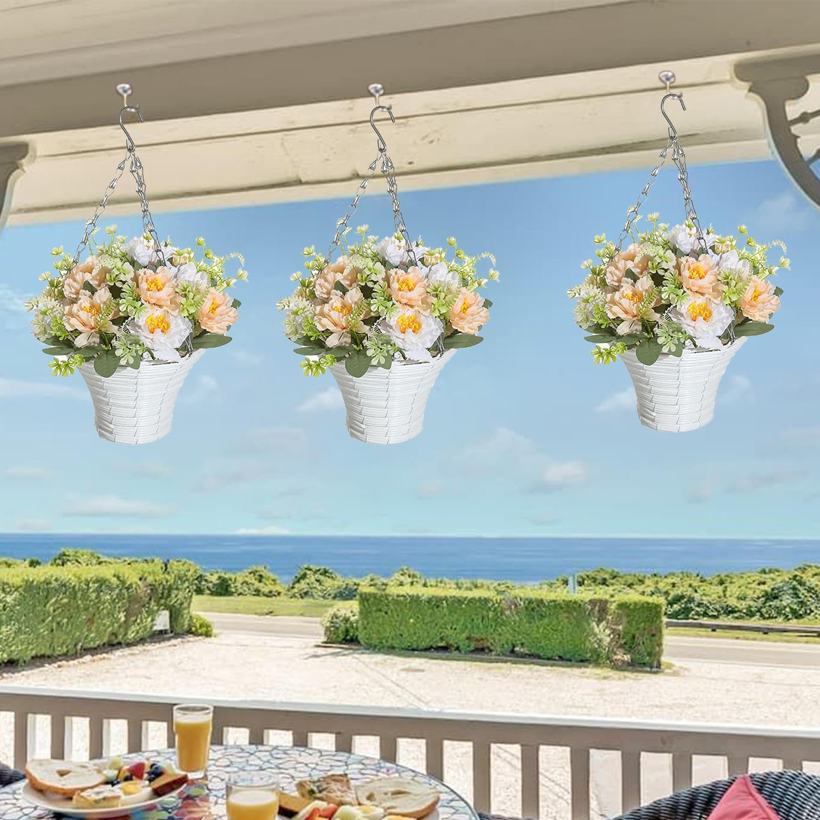 Fiori decorativi per esterni e interni Fiori di seta fai-da-te Cesto appeso a catena con vaso di fiori Fiori artificiali di balsamina finta Impatiens viola e bianco (Cestino medio