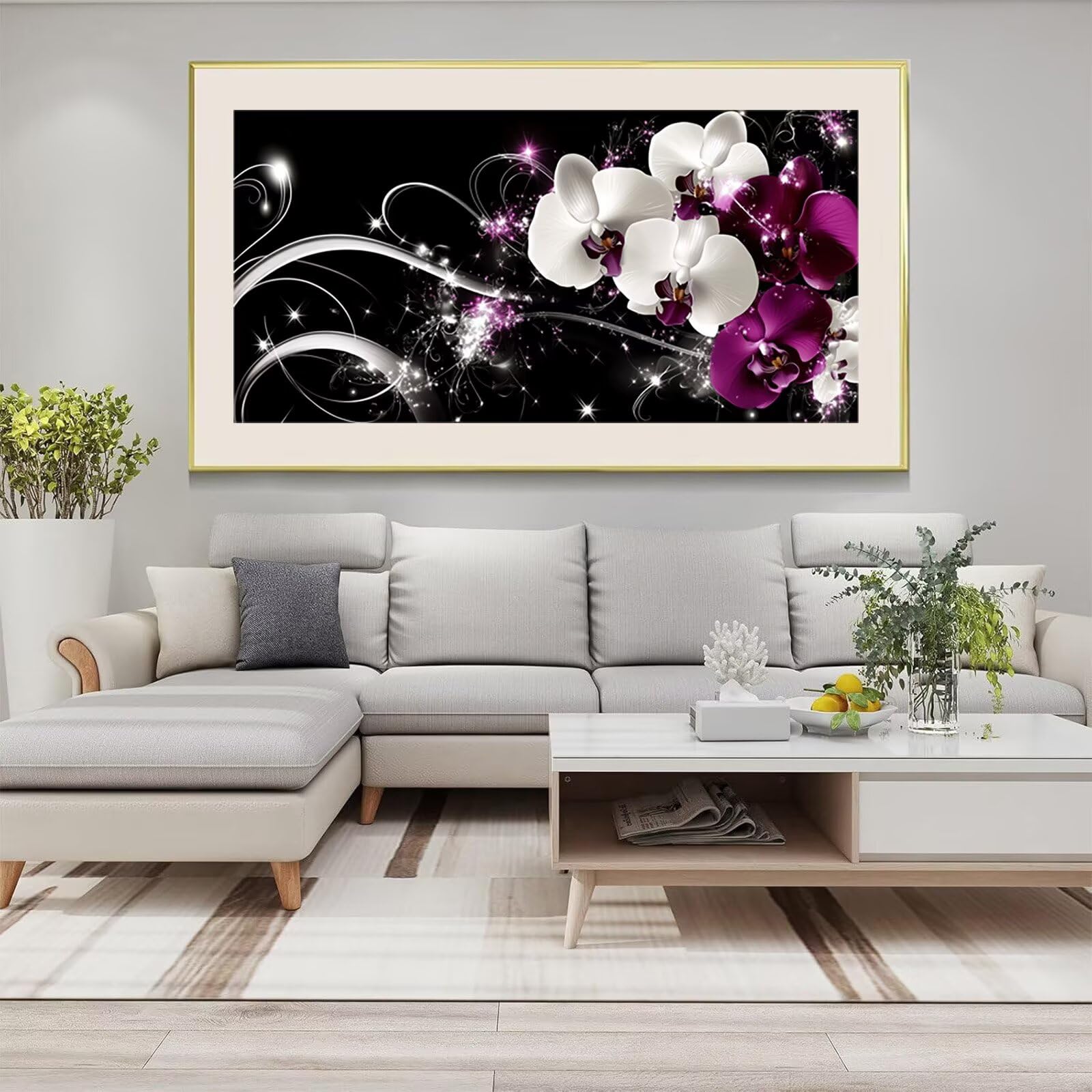Diamond Painting Orchidee Diamond Painting Erwachsene XXL Weiß 5D Full Runder Drill Diamanten Malen Nach Zahlen DIY Set Mosaik Bastelset Kreativ Set für Erwachsene Home Decor Wanddeko 60x120cm,Cod-985