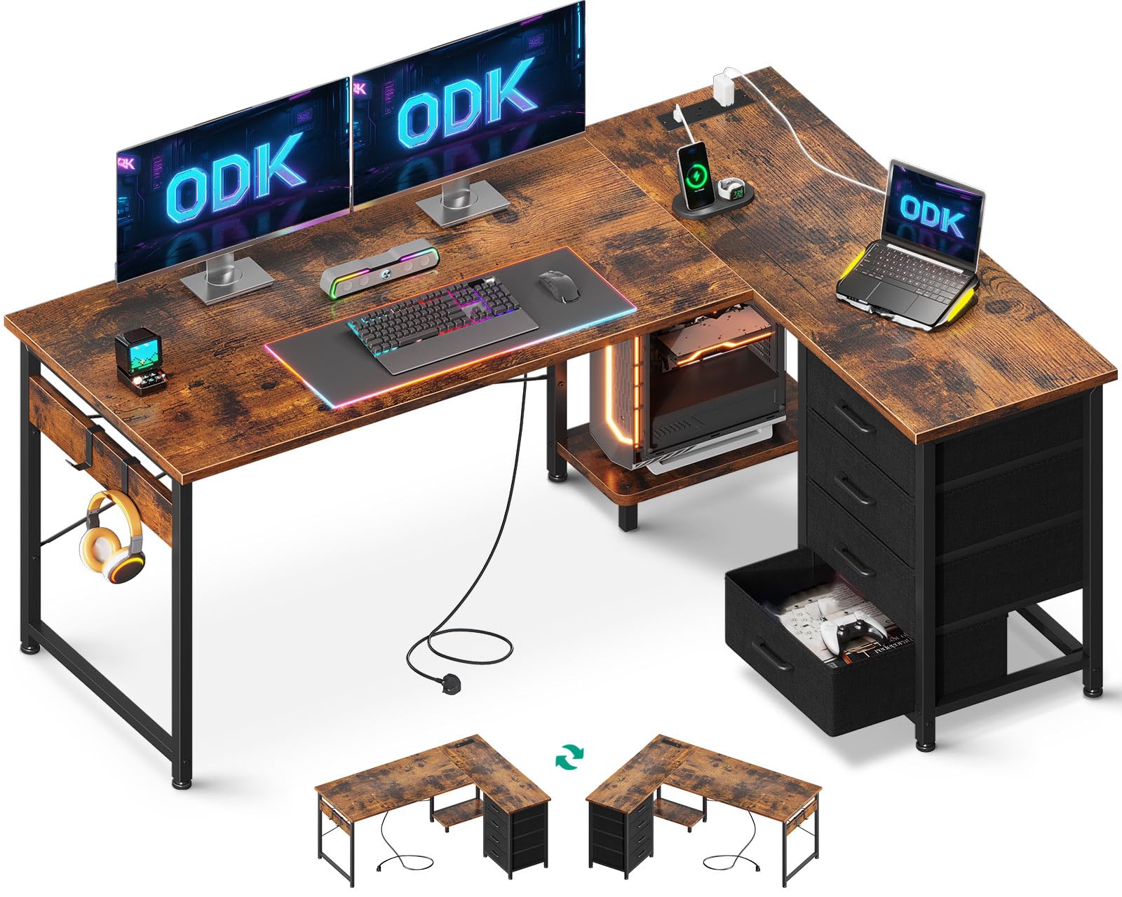 ODK Corner Desk with Drawers Reversible L Shaped Computer Desk with Power Outlet