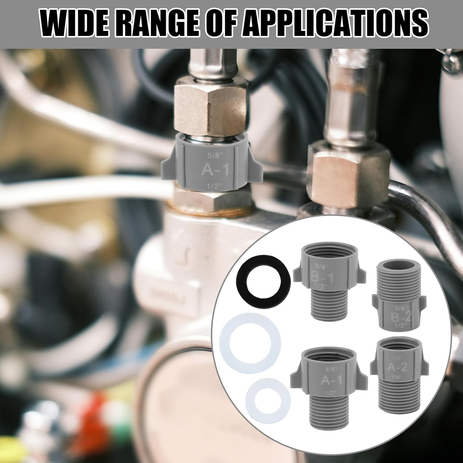 8pcs 1/2" 3/4" 5/8" Pipe Conversion Connector with 8 Washers, Water Pipe Interface Converter 1/2" to 3/4" NPT & 1/2" to 5/8" NPT Male to Female Fitting for Hose Diameter Change