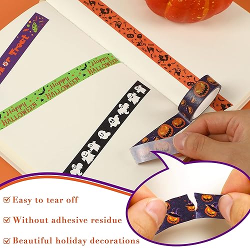 Miniatura 4 de SANNIX 12 rollos de cinta Washi de Halloween de 0.59 pulgadas de ancho para Halloween, calabaza, fantasma, murciélago, cinta adhesiva para