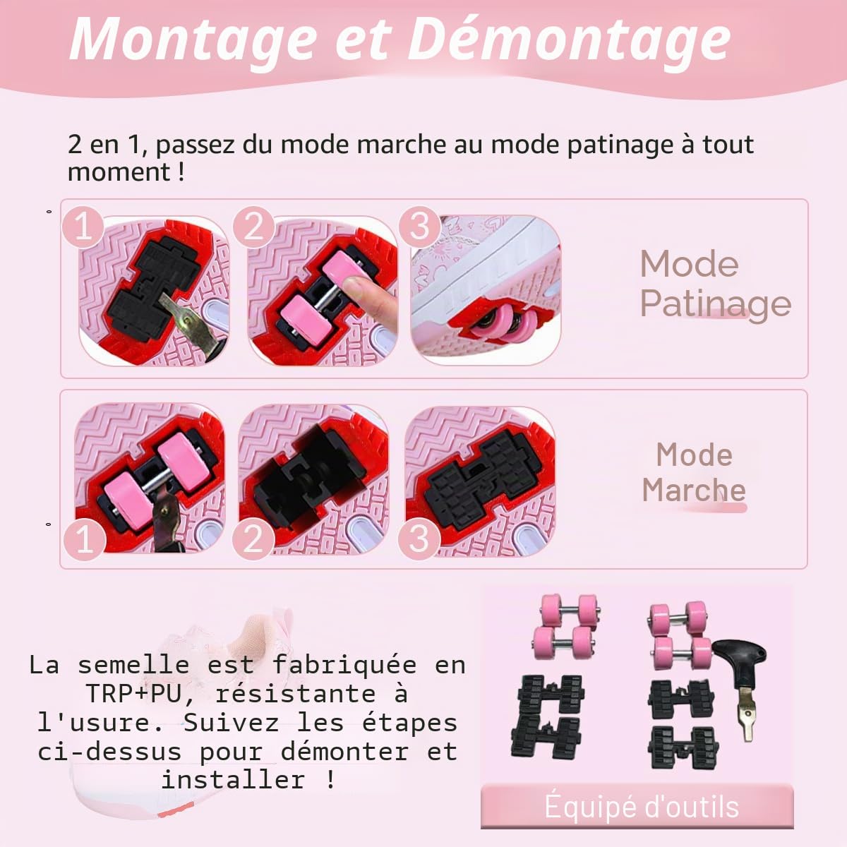 Chaussure a Roulette Fille Garcon, 2 en 1 Mode Chaussures a roulettes Retractable Enfants avec 4 Basket Roller, Extérieur Réglables Filles Roller pour Violet-Rose