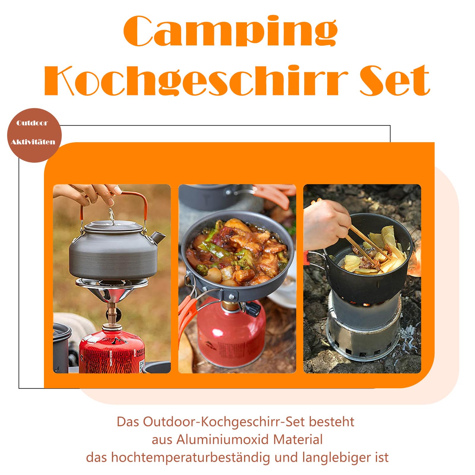 Camping Kochgeschirr Set, Outdoor Geschirr Set Kochtopf Set 10-teilig, Grillgeschirr Picknick Topf mit Aluminium Faltbare Töpfe und Pfannen, für 2-4 Personen, Outdoor Wandern Picknick BBQ