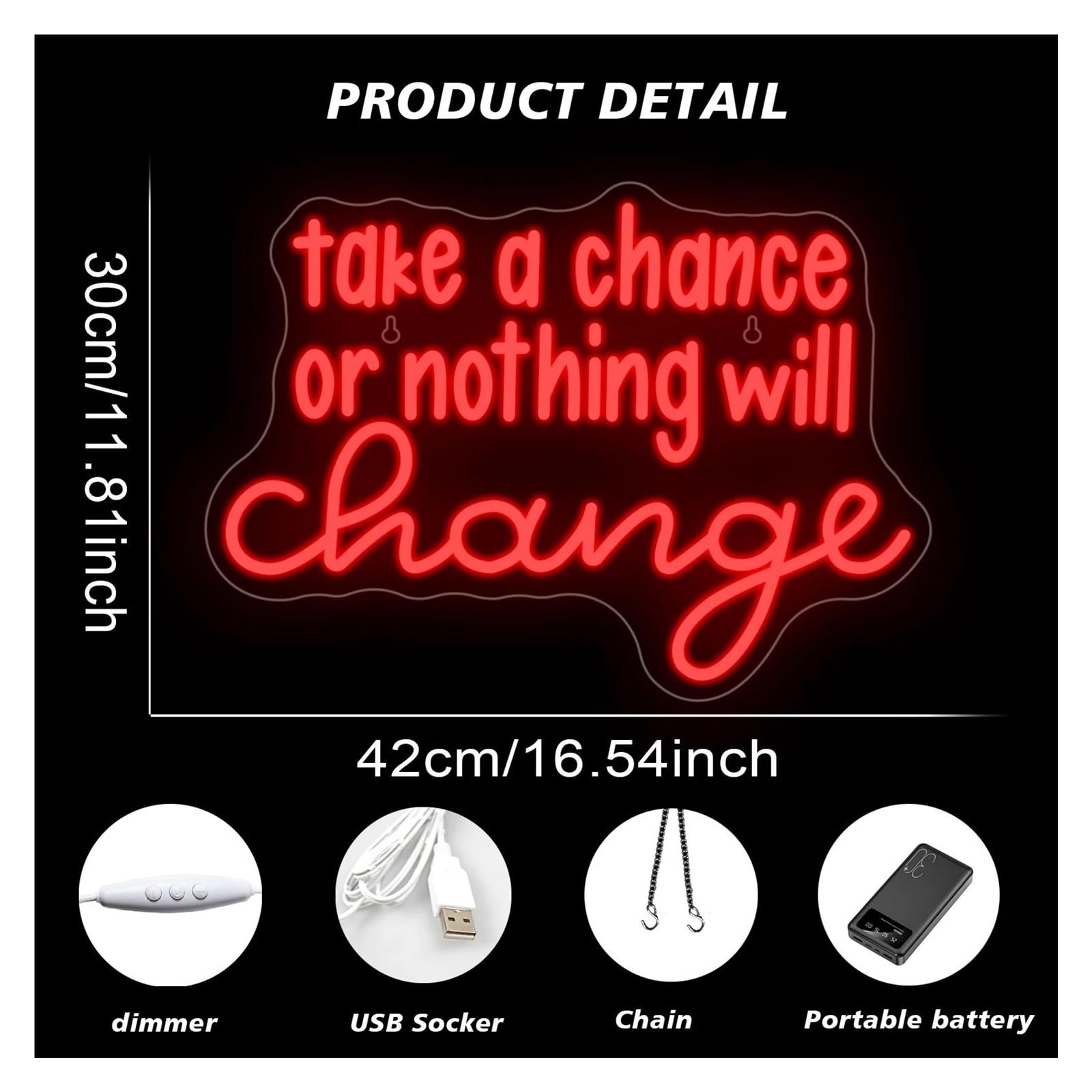 Luz de Diseño de Digital Take A Chance Or Nothing Will Change Letrero De Neón Decoración De Pared Letra Luz Regulable Para Gimnasio En Casa Sala 42cm×30cm