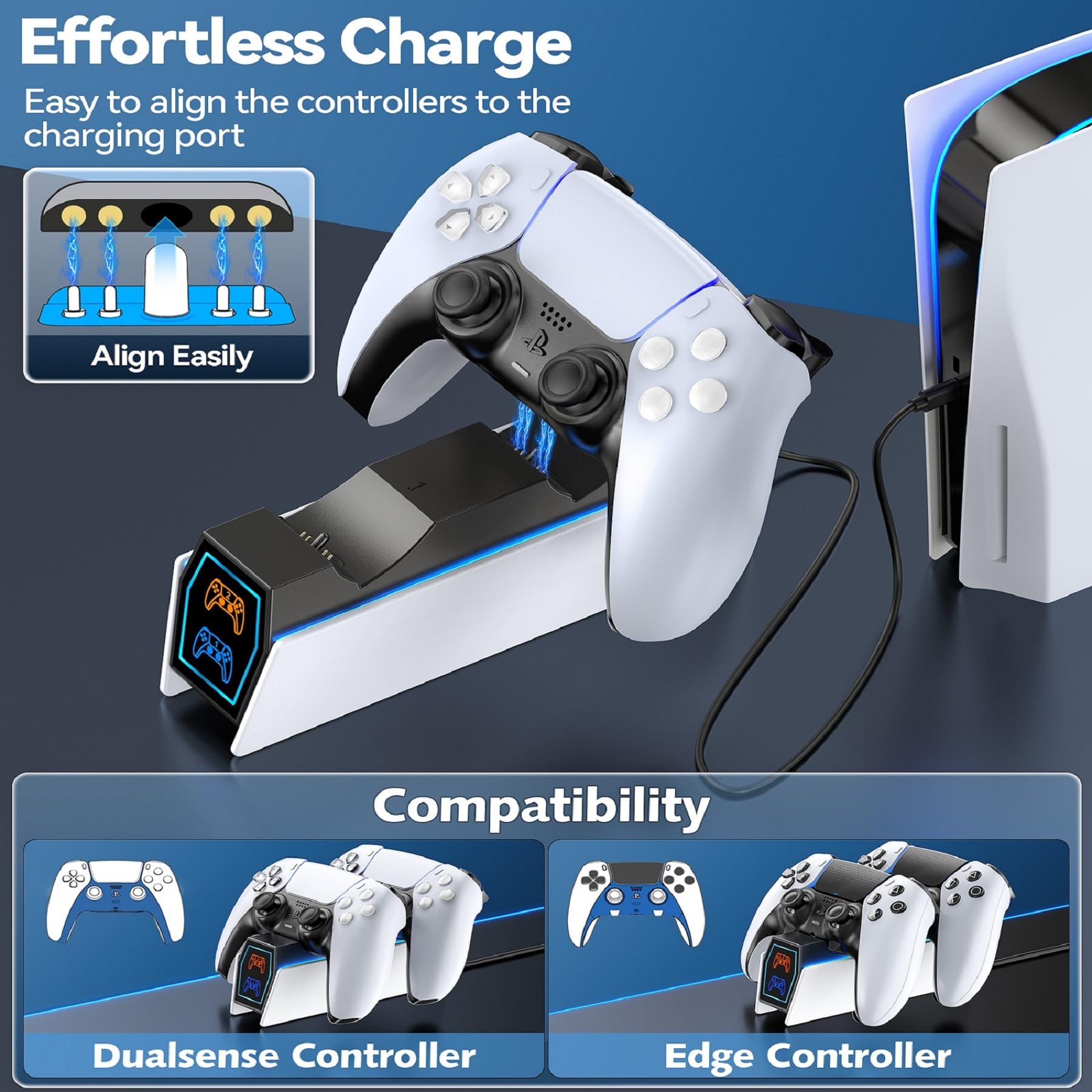 Kytok Chargeur Manette PS5, Station de Chargement Compatible avec Manettes DualSense PS5 & Edge, Charger PS5 avec Indicateur LED et Câble USB-B vers USB-C