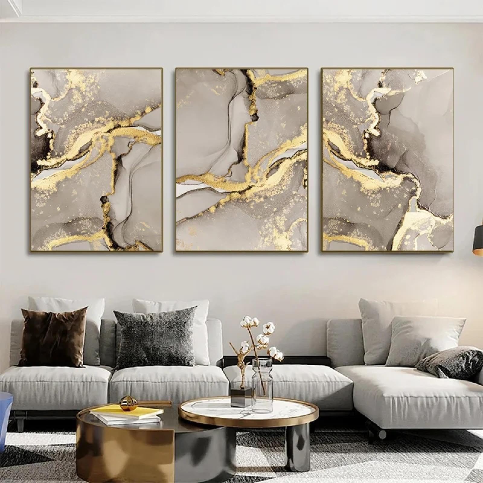 Cadre marbre beige et or abstrait pour habiller grand mur salon triptyque chic - 8