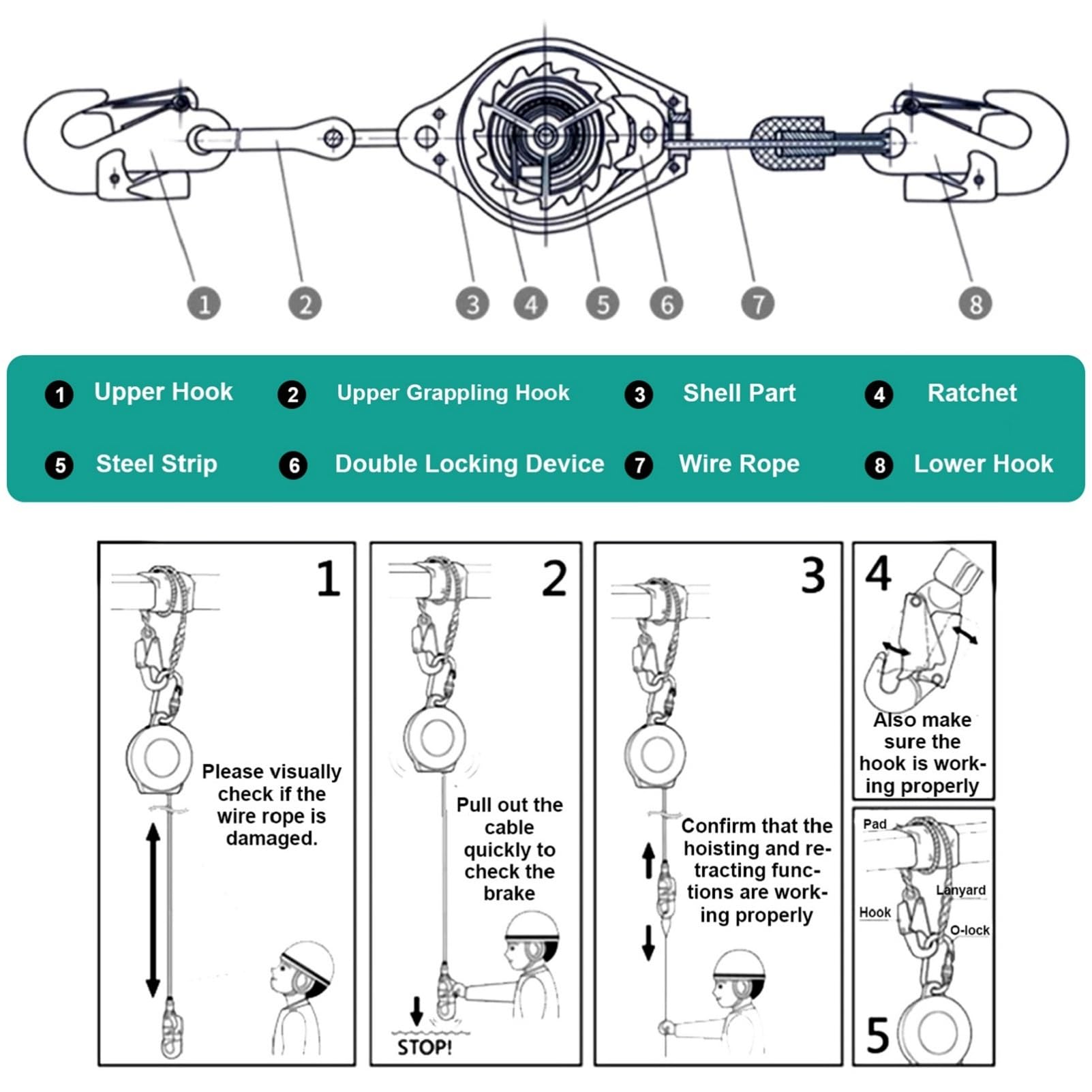 Harnais de Securite Anti Chute Toiture, Dispositif Antichute a Rappel Automatique 3-20m, Stop Chute Harnais Toiture à Rappel Automatique avec Crochet Autobloquantet(Vert,10 mètres)