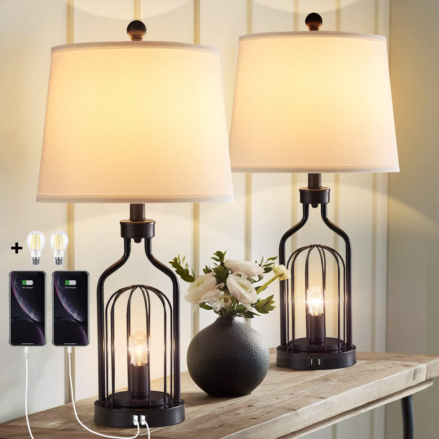 LOKHOM Farmhouse Table Lamps Set of 2, 26" Tall Industrial Table Lamps