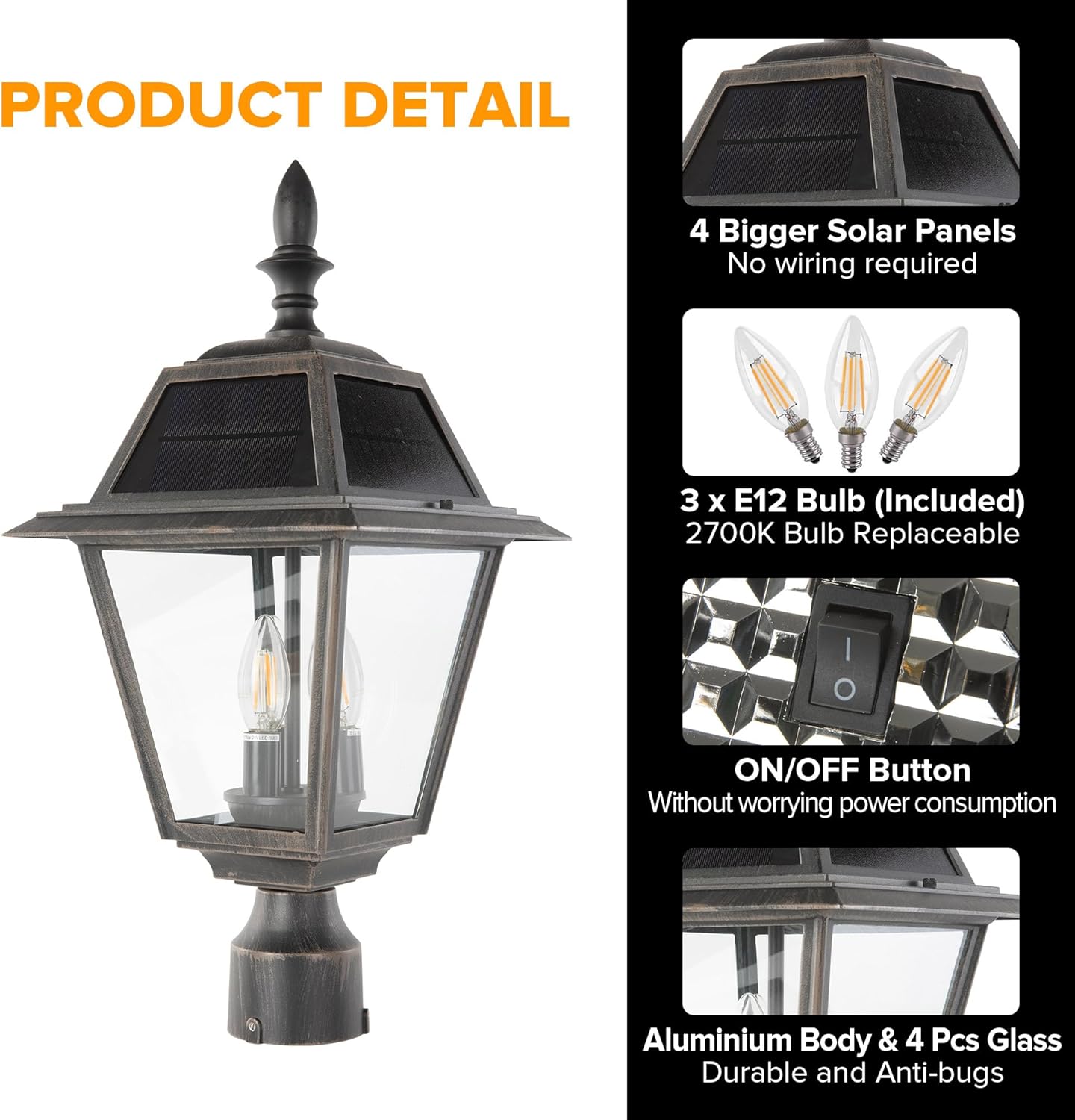 Product detail showing the solar panels, three E12 bulbs, and an ON/OFF button on the light fixture.