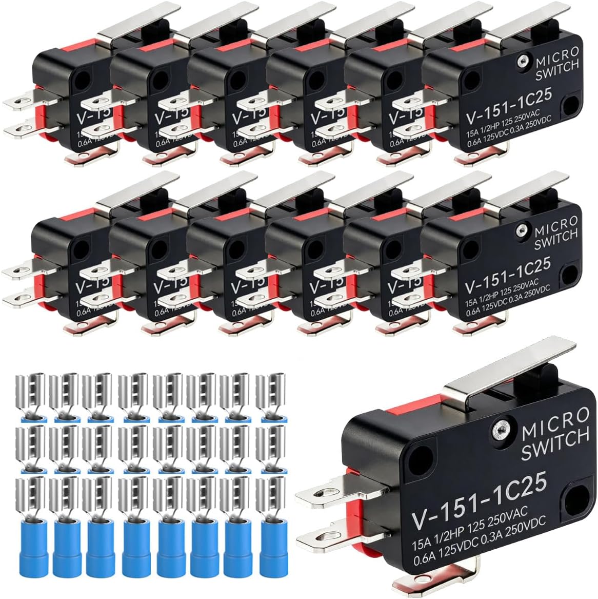 Gebildet 12pcs V-151-1C25 Micro Switch 125V/250V 15A Momentary Limit Switch, 3 Pins SPDT Snap Action Miniature Basic Micro Switch + 24pcs Terminals