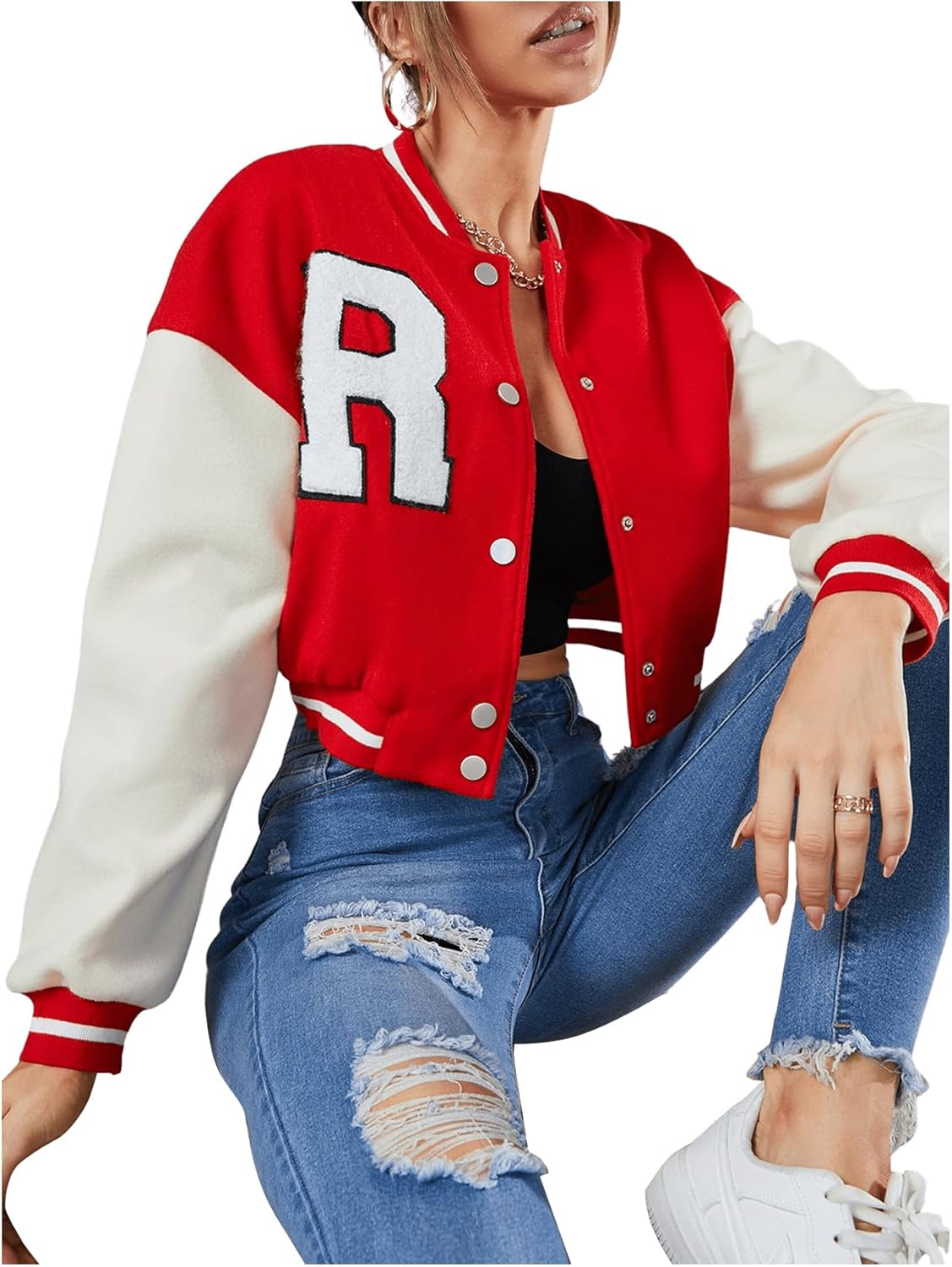 MakeMeChic Women's Varsity Bomber Jackets Letter Graphic Casual Button Down Long Sleeve Baseball Jacket Outerwear - Image 3