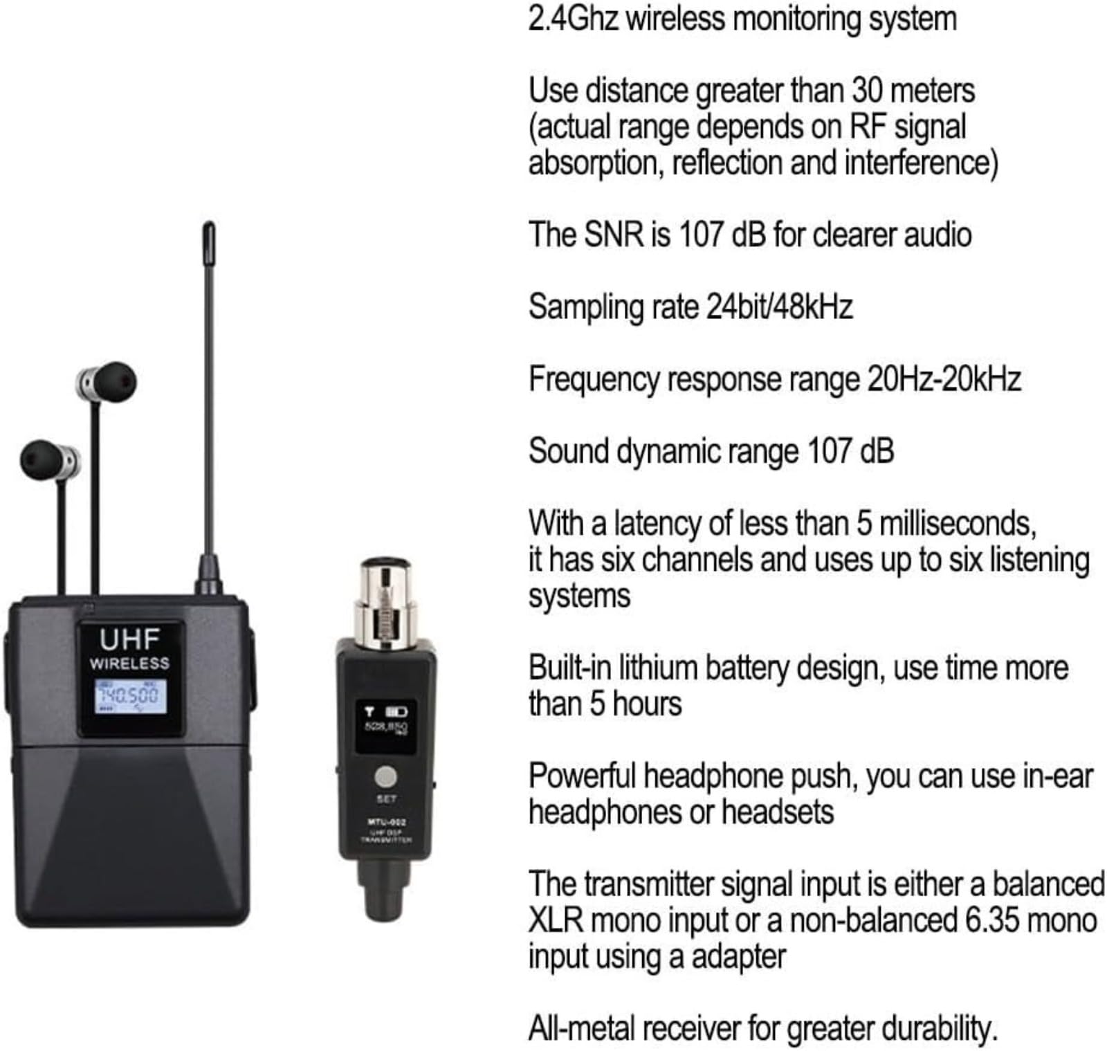 Generico Sistema de monitorización in-ear UHF 20-20 KHzstereo/Mono inalámbrico para pruebas de banda, rendimiento en vivo y guitarra