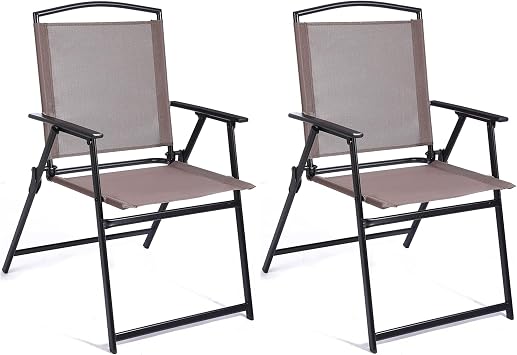 Patio Folding Sling Dining Chairs Set of 2 Outdoor Indoor Backrest Portable Household Seats for Outside Lawn Garden Patio Pool Yard with ArmrestCoffee