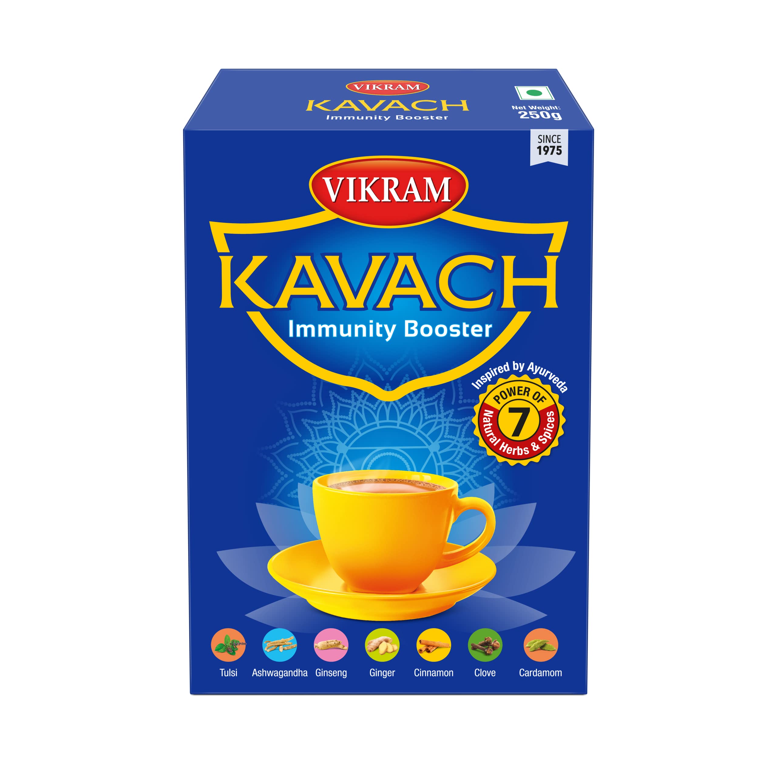 Vikram Kavach Herbal Spice Tea | Natural Blend with Tulsi, Ashwagandha, Ginseng, Ginger, Cinnamon, Clove & Cardamom | Caffeine-Free | 250g | Pack of 2