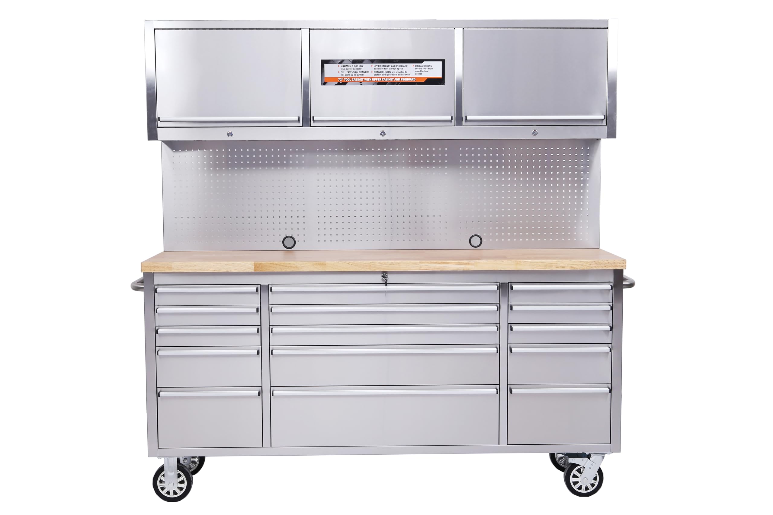 72 inch Rolling Tool Chest, Garage Workbench with 15 Drawers, Solid Rubber Wood Top &amp; with Wheels Lock Key Locking, Mobile Workstation Tool Cabinet for Workshop Storage