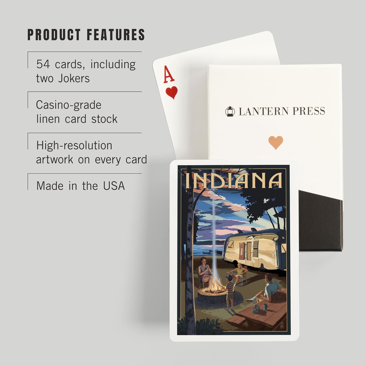 Lantern Press Indiana, Retro Camper and Lake, 52 Playing Cards for Adults, Poker Size Card Deck
