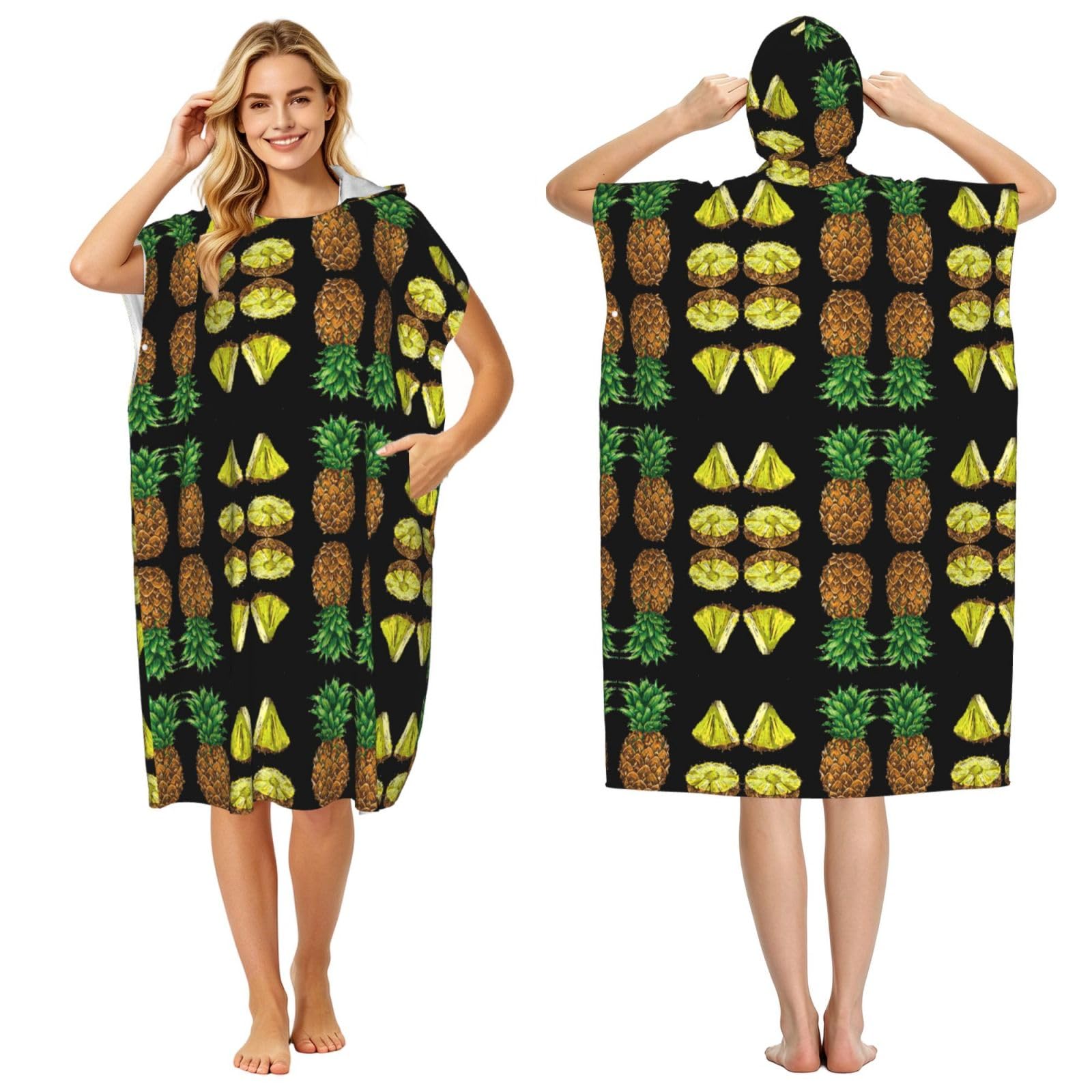 EZDLOWVBA Pineapple Print Hooded Poncho Microfiber Beach Towel,Adult Women & Men Changing Robe,Lightweight Summer Surf Swim Bath Poncho Towel